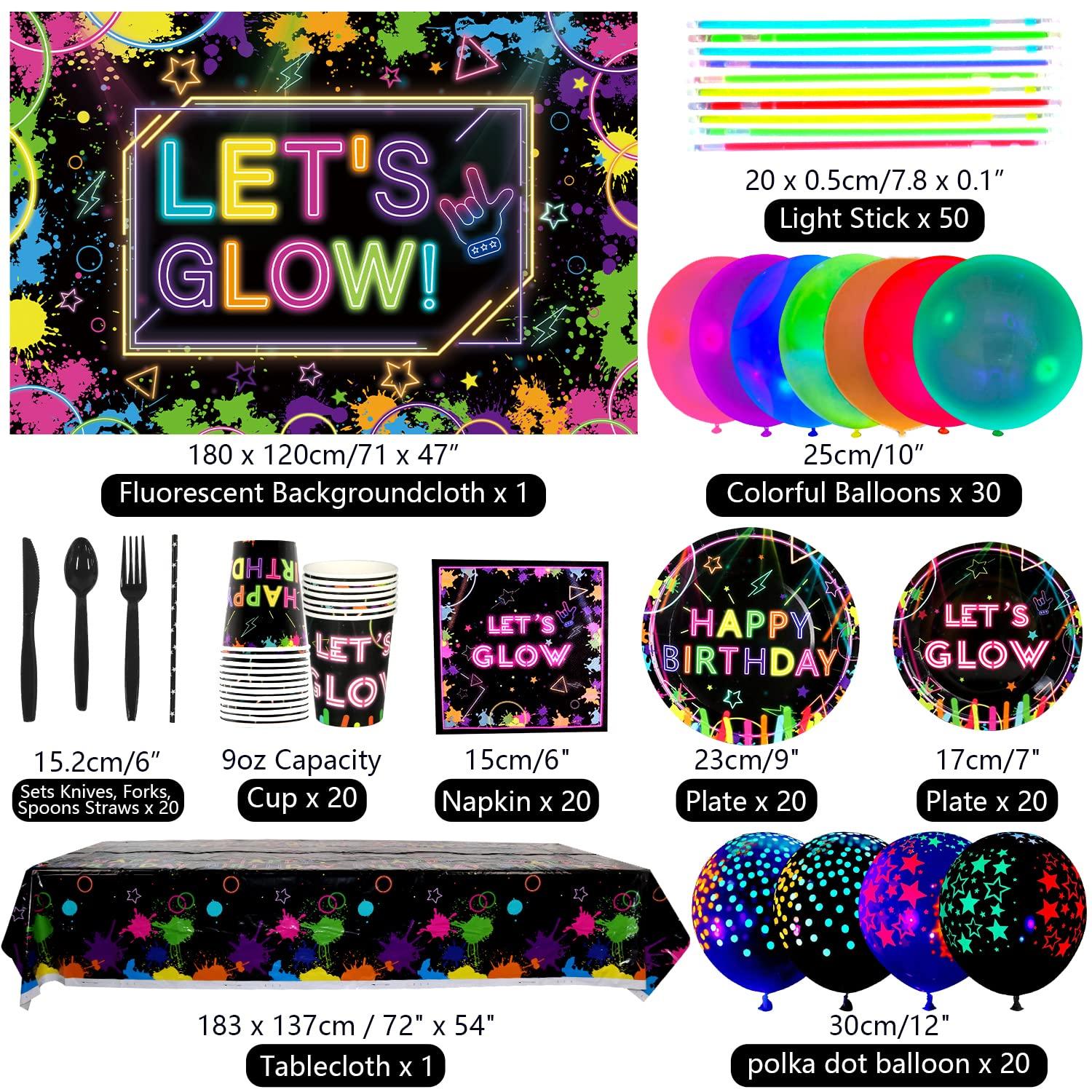 Ywediim Glow Neon Party Supplies - Glow in the Dark Birthday Let\'s Glow Backdrop Banner, Plates, Glow Sticks, Tablecloths, Cups, Napkins, Neon Balloons, for Blacklight Party Decorations Serves 20 (Set A)