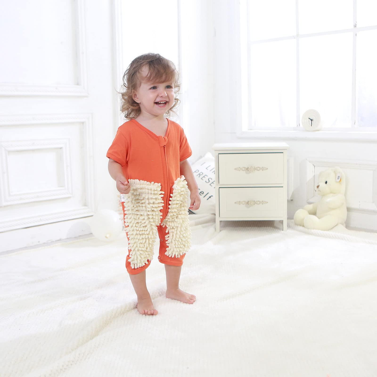 COJCOIHN Cute Baby Mop Onesie, Cleaning Mop Romper Funny Short Sleeve Infant Jumpsuit Floor-Clean One Piece Outfit Overalls Orange