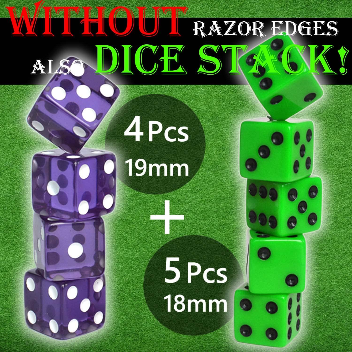 HIOHWEFH Dice Stacking Cup(Blue) Set with 4 Pcs 19mm(Purple) and 5 Pcs 18mm(Green) Standard 6 Sided Dices, with Storage Bag-Magic Tricks Instruction