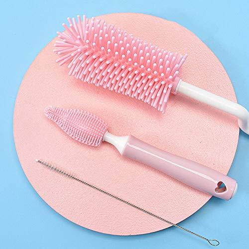 Magik Magik 3PCS Set Silicone Feeding Baby Bottle Nipple Straw Cleaning Brush 360 Degree (Pink)