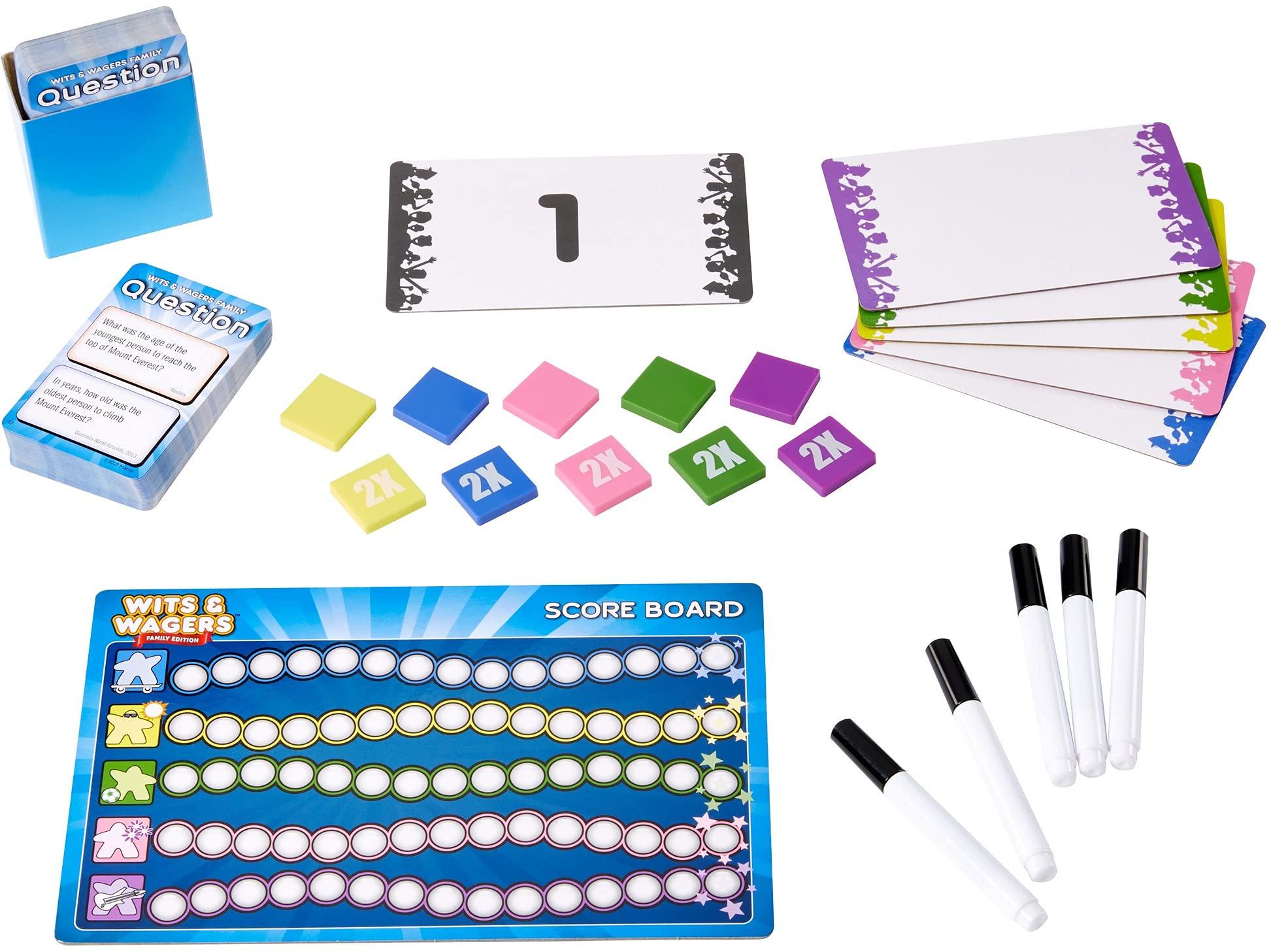 Mattel Games Mattel Games Wits & Wagers Board Game Family Edition for Kids and Adults with Dry Erase Boards, Markers & Question Cards Large