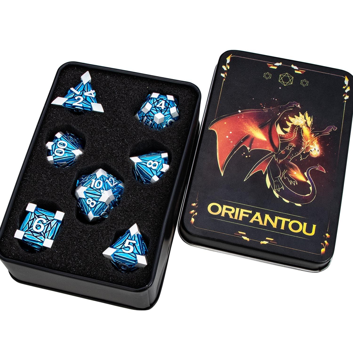 ORIFANTOU ORIFANTOU Metal DND Dice Set Dungeons and Dragons Dice with Box, Blue Debris D&D Dice RPG D and D Dice Role Playing Game Polyhedral Dice Set D20 D12 D10 D8 D6 D4