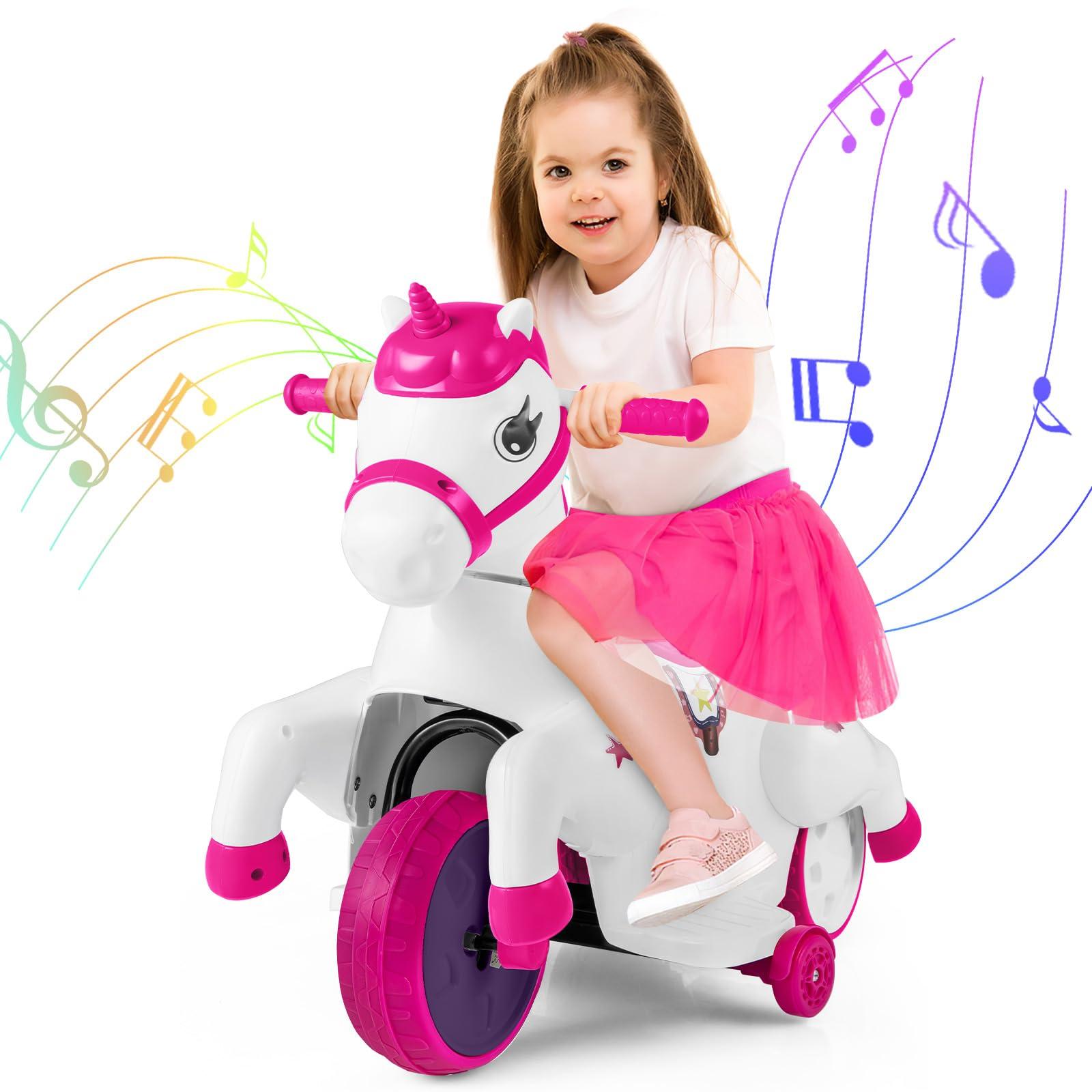HONEY JOY HONEY JOY 12V Unicorn Ride on Toys, 3-Wheeler Battery Powered Motorized Ride on Horse w/Training Wheels, Music, Up & Down, Pony Electric Car for Kids, Gift for Boys Girls (Pink)