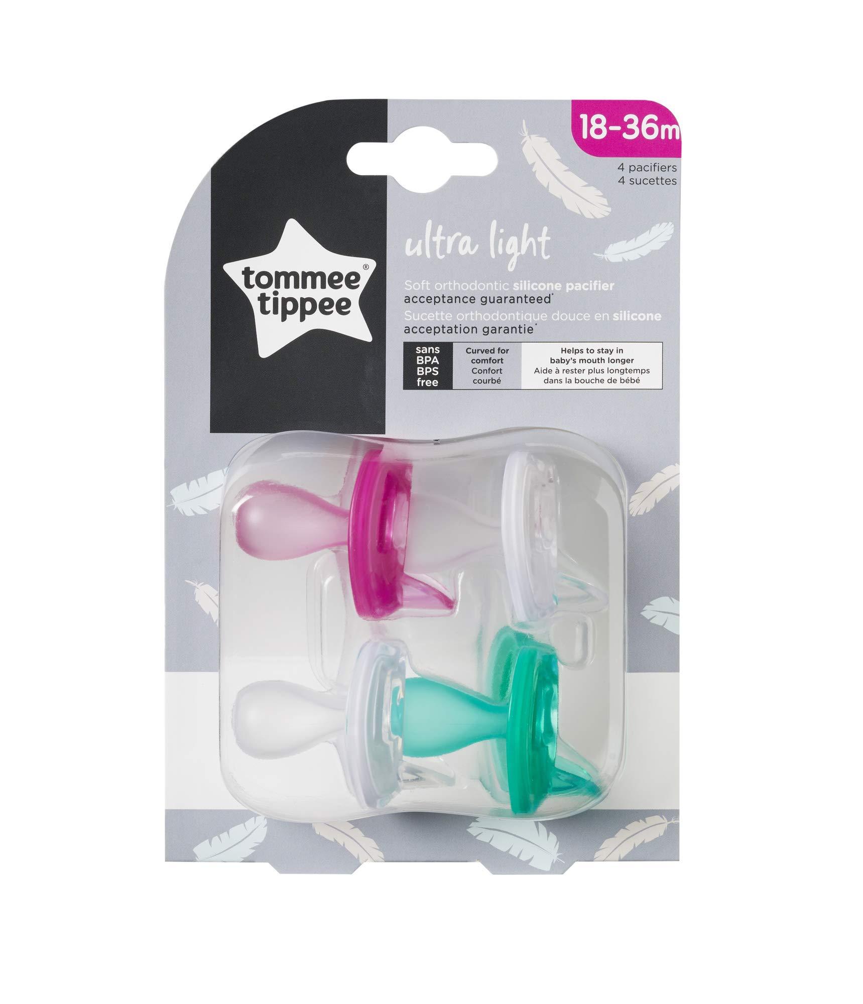 Tommee Tippee Tommee Tippee Ultra-Light Silicone Pacifier, Symmetrical One-Piece Design, BPA-Free Silicone Binkies, 18-36m, 4-Count (Pack of 2)