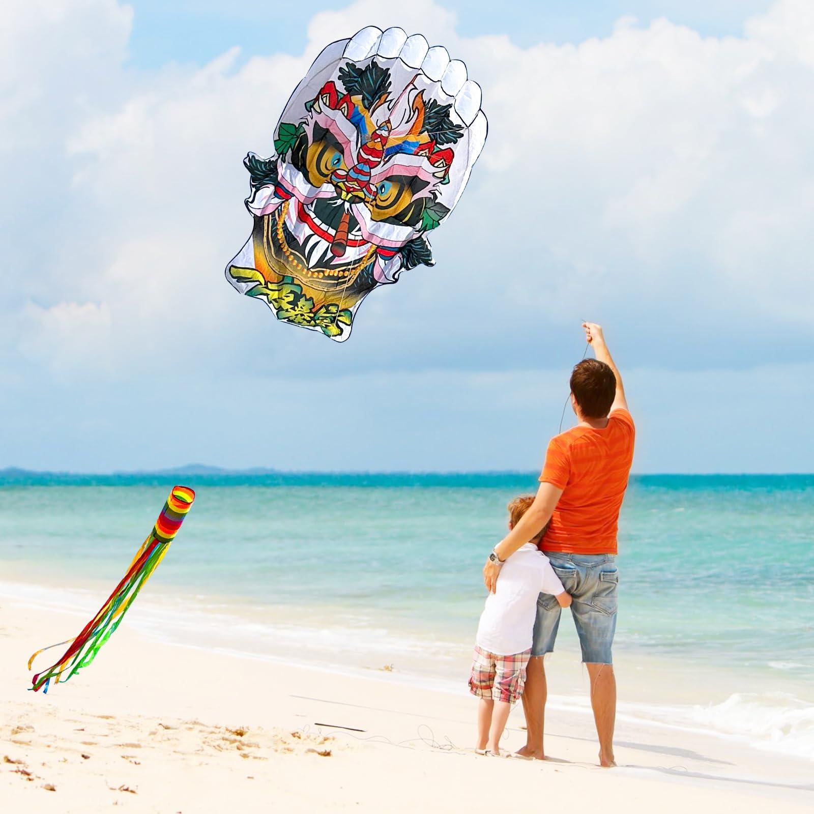 Catch&Hunt Large Kites for Adults,3D Beijing Opera Lion Frameless Soft Umbrella Giant Flying Kites,Easy to Fly with 330Ft Kite String in Beach and Amusement Parks-Ages 12+ (60\" W x 90\" H)