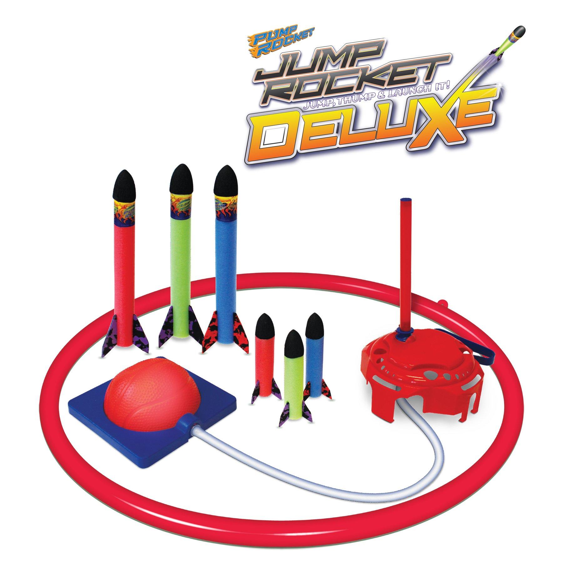 Geospace Geospace Jump Rocket Deluxe Size Set Single Pump 6 Flying Foam Rockets Outdoor Toys for Kids, Boys & Girls Stomper Rocket Set Leg Powered Stomper Rockets Toy - Cool Toys for Fun