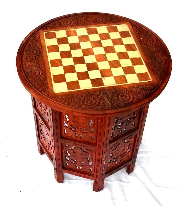 Generic Round Chess Table Wooden Inlay|Roman Wooden Chess Pieces|Chess Board Game Table with Drawer|Chess Table Furniture,Luxury Vintage Style|