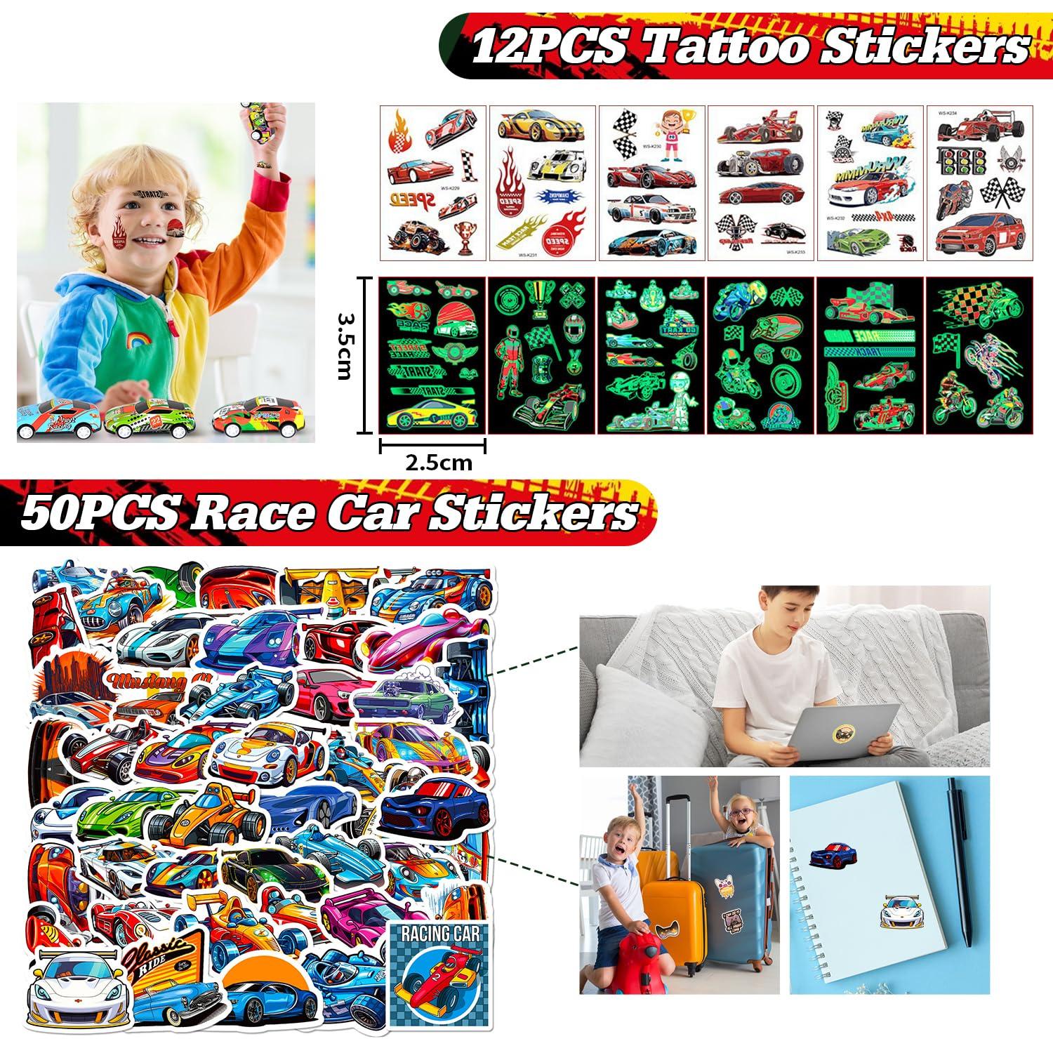KISPATTI 122 PCS Race Car Party Favors, Racing Birthday Party Favors with Pull Back Cars Drawstring Bags Slap Bracelet Keychain Stamper Tattoo Stickers, Racecar Theme Party Supplies Goodie Bag for Boys Kids