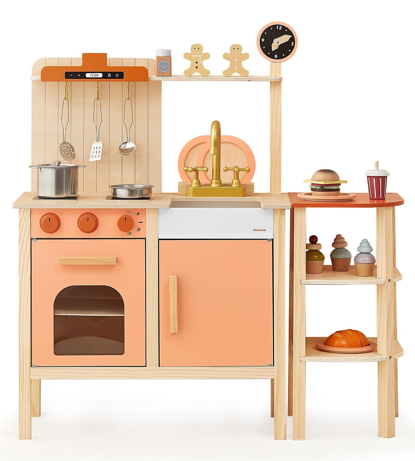 Pillowhale Pillowhale Play Kitchen Set, Wooden Toy Kids Kitchen Playset, Pretend Toddler Kitchen with Play Dishes Play Sink Microwave Oven Cookware Accessories Playset,Best Gift for Girls Boys 3+ Year Old(Red)