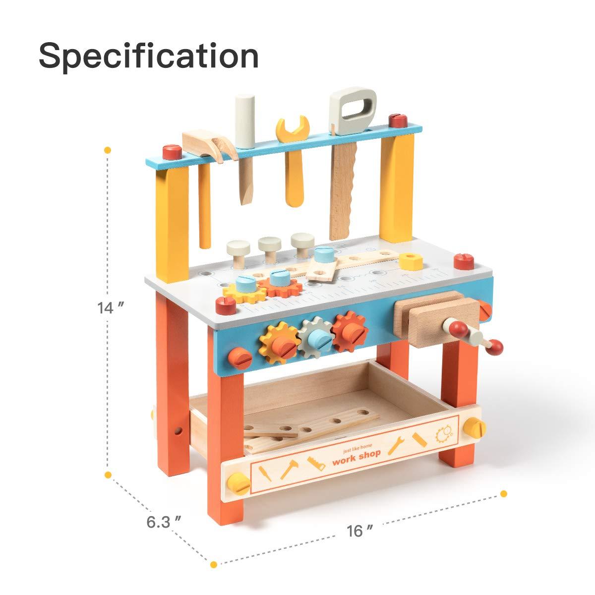 yoptote Mini Wooden Play Tool Workbench Set for Kids & Toddlers,Building Pretend-Play-Toys with Wrench,Screwdriver,Miter Saw and Hammer,Birthday for Boys Girls 3 Year Old and Up