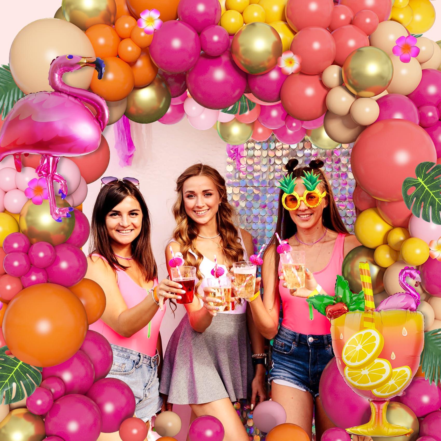 Ouddy Life Ouddy Life 178Pcs Tropical Balloons Arch Garland Kit, Luau Tropical Party Decorations with Aloha Pineapple Coconut Hot Pink Aqua Blue Balloons & Palm Leaves for Hawaiian Summer Birthday Supplies