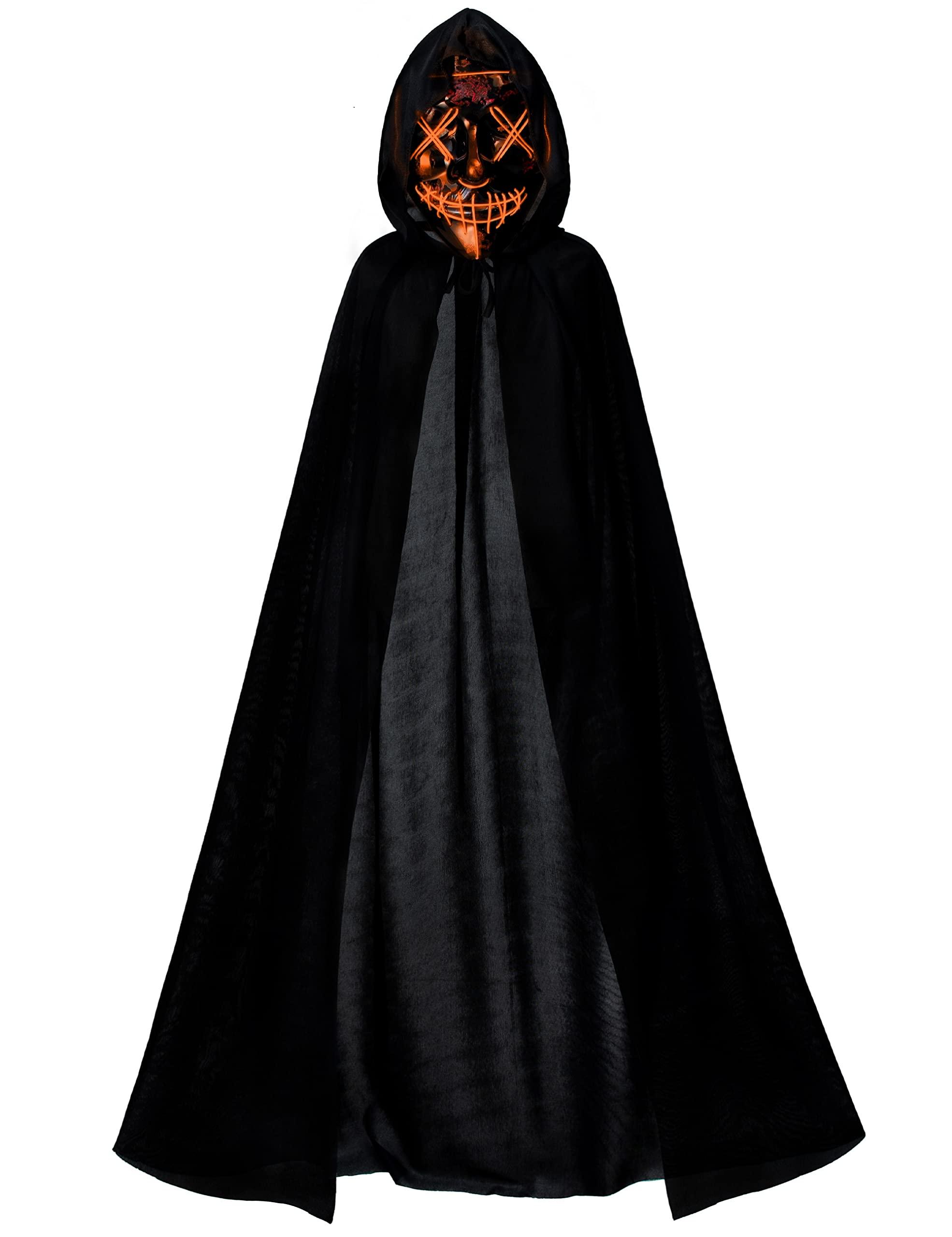 Joy Join Kids Full Length Hooded Velvet Cloak Halloween Cape Costumes with Orange LED Light up Scary Mask (35\"/90cm)