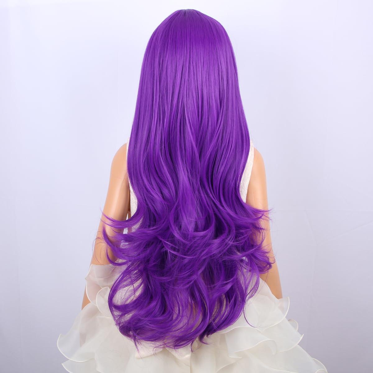 PATTNIUM PATTNIUM Kids Purple Wig Long Wavy Purple Wig with Bangs for Child Girls Dark Purle Synthetic Wig with Wig Cap