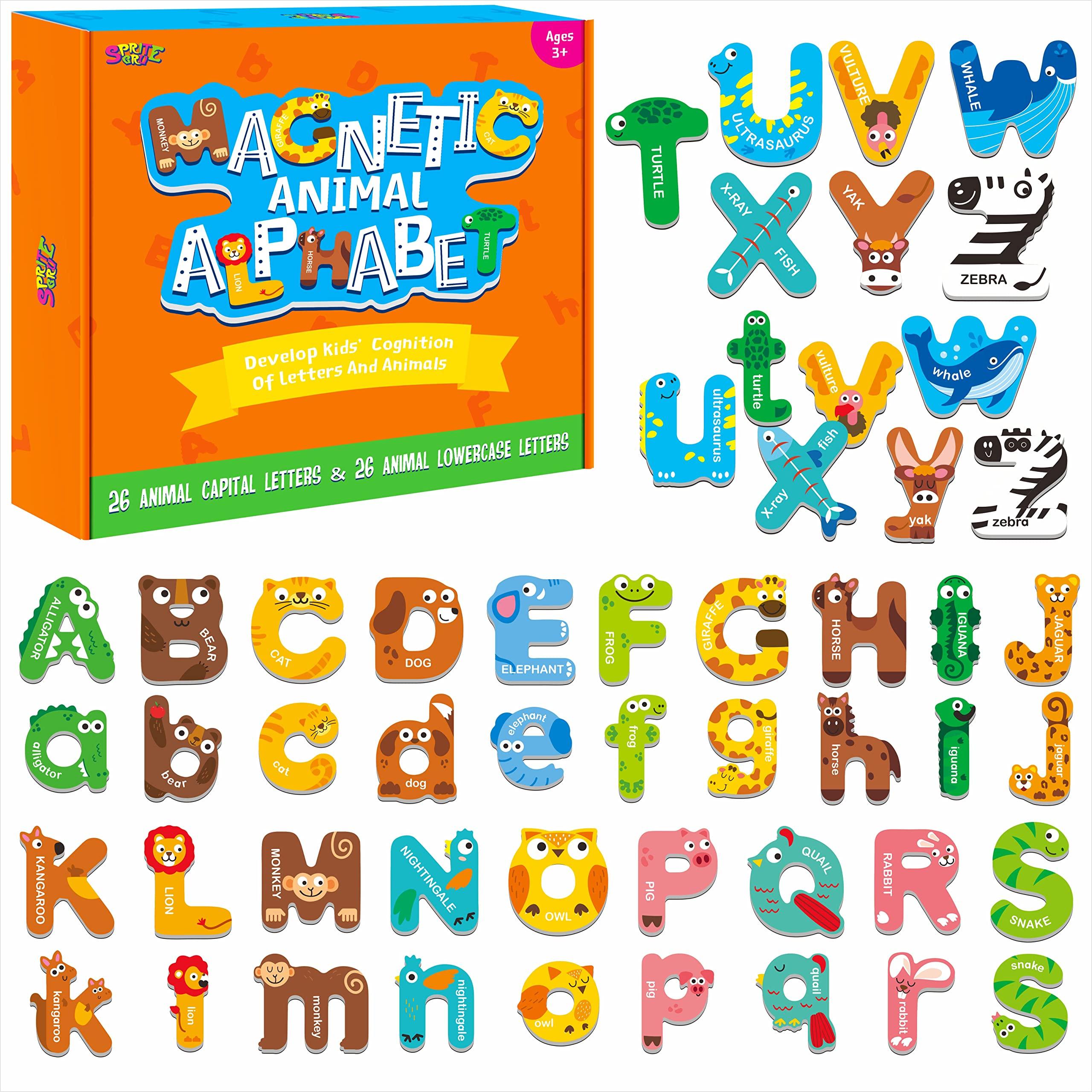 SpriteGru 52 Magnetic Alphabet, 26 Uppercase & 26 Lowercase Letters, Adorable Animal Shape Alphabet ABC Magnets for Fridge Educational Spelling Learning Games Toys Set for Kids, Toddlers 3 4 5 Years Old