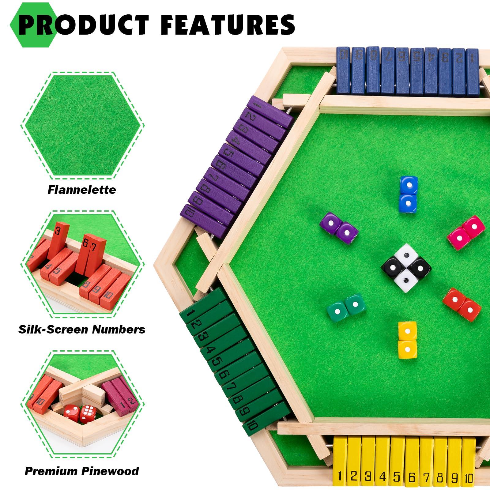 MNYUN MNYUN Shut The Box Game Large for 6 Players, 15 inch Wooden Board Table Math Game with 16 Dice and Instructions, Classics Close The Box Board Game