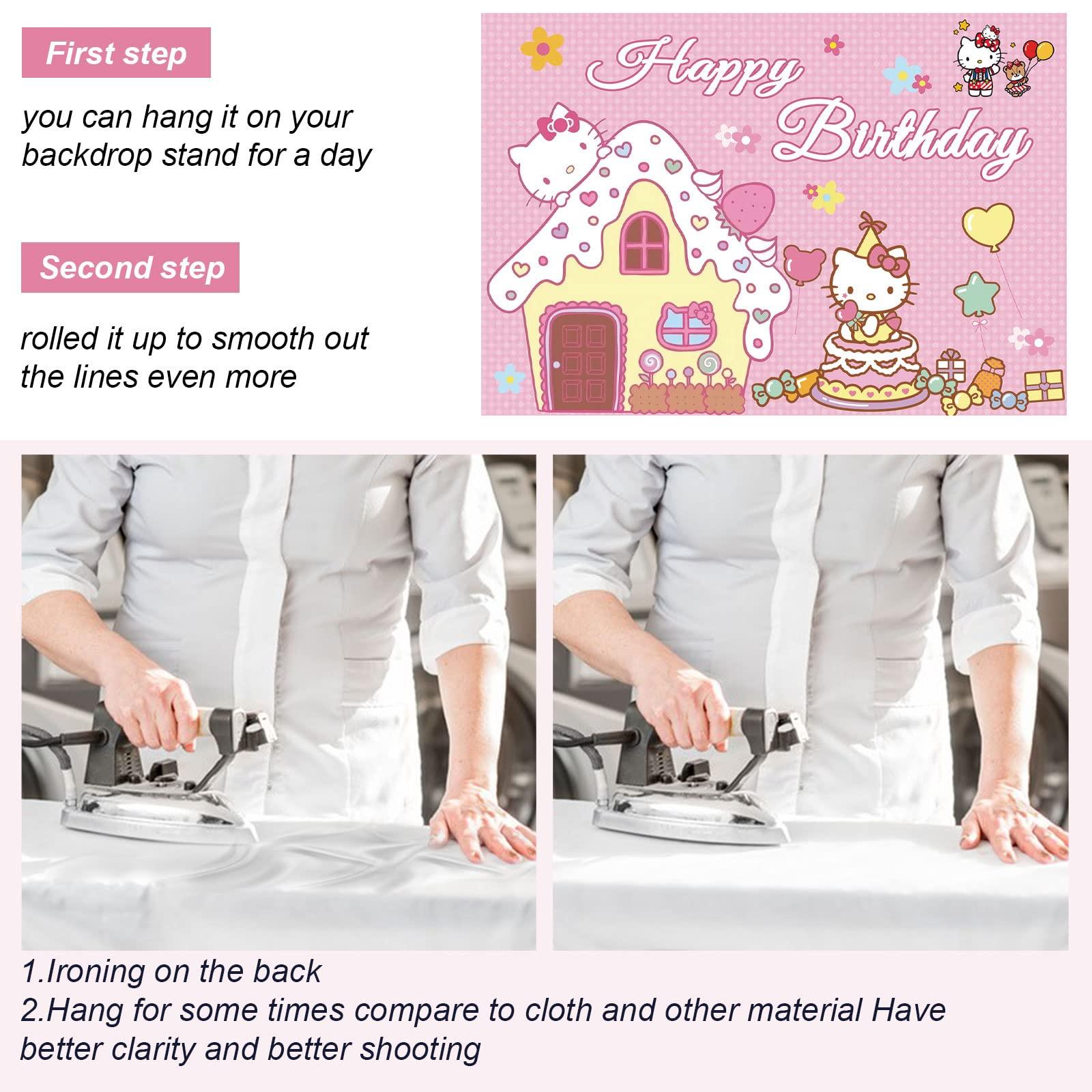 Lenglet Kawaii Kitty Birthday Party Supplies, Happy Birthday Backdrop for Kawaii Theme Party, 5 x 3 FT Cute Kitty Photography Background Banner for Girls Boys Birthday Party Decorations