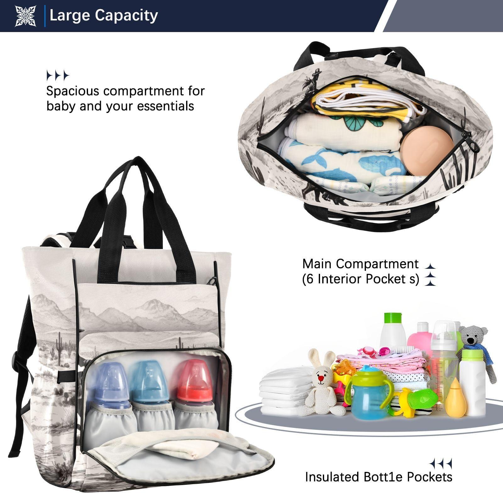 Jihqo Jihqo Diaper Bag Backpack Western Desert Cowboys Travel Diaper Bags for Women, 10L Functional Baby Changing Bag with Insulted Pockets, Stroller Straps