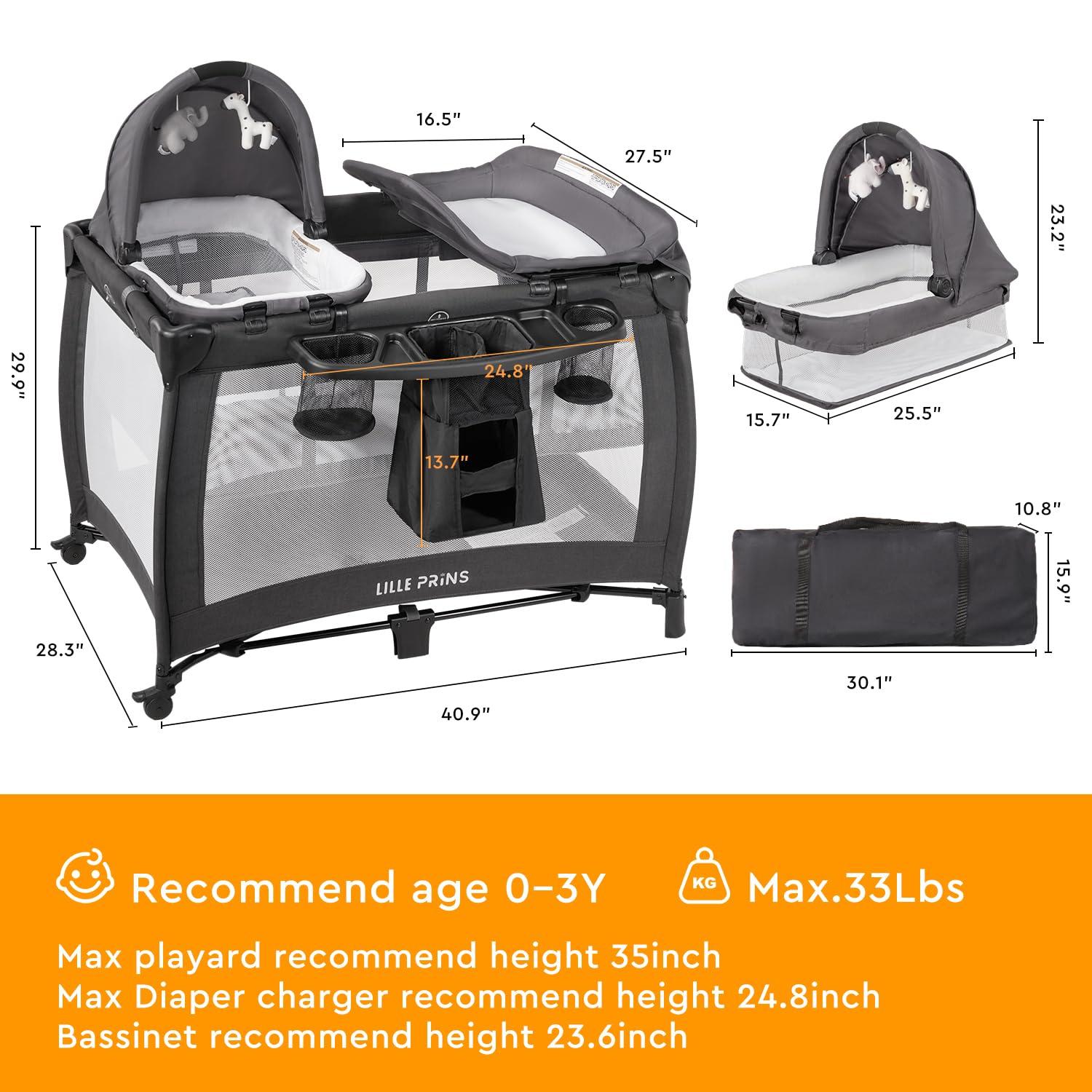 LILLEPRINS LILLEPRINS 4 in 1 Pack and Play with Bassinet, Diaper Changing Table for Newborn Infant, Portable Baby Playpen for Babies and Toddlers