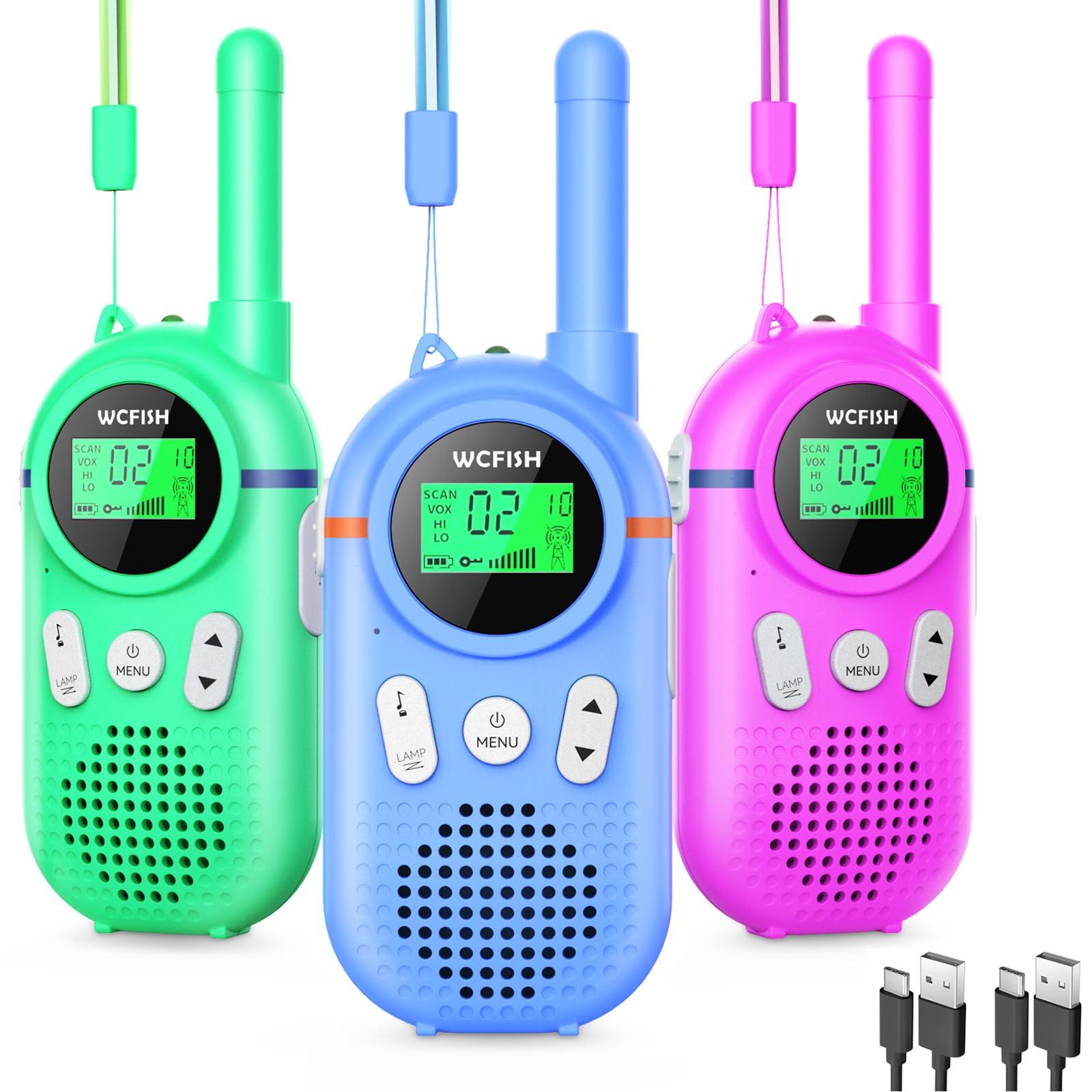 Wcfish Walkie Talkies for Kids Rechargeable 3 Pack, Providing 48hrs Working Time and Long Range of 3KMs, Best Gift for Kids Aged 3-12 Years (Blue+Green+Purple)