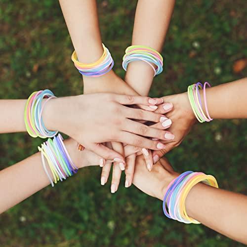 Jolbndcv Jelly Bracelets 100Pcs Glow in Dark Bracelet 80s Colorful Neon Jelly Bracelets Retro Rock Pop Star Rainbow Diva Disco Jelly Neon Gel Stretchable Bracelets Bands