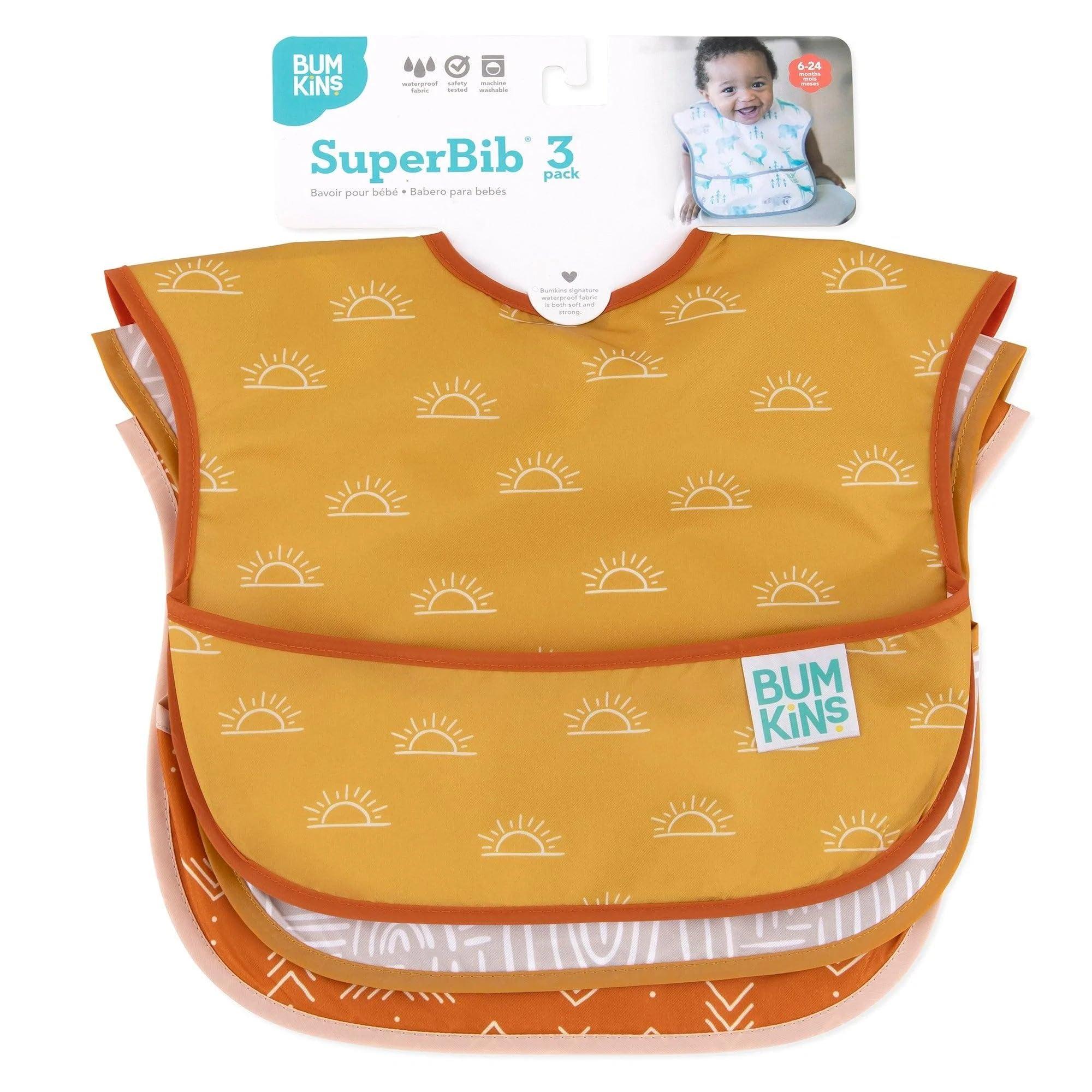 Bumkins Bumkins Bibs for Girl or Boy, SuperBib Baby and Toddler for 6-24 Months, Essential Must Have for Eating, Feeding, Baby Led Weaning Supplies, Mess Saving Catch Food, Waterproof Fabric 3-pk Desert Boho