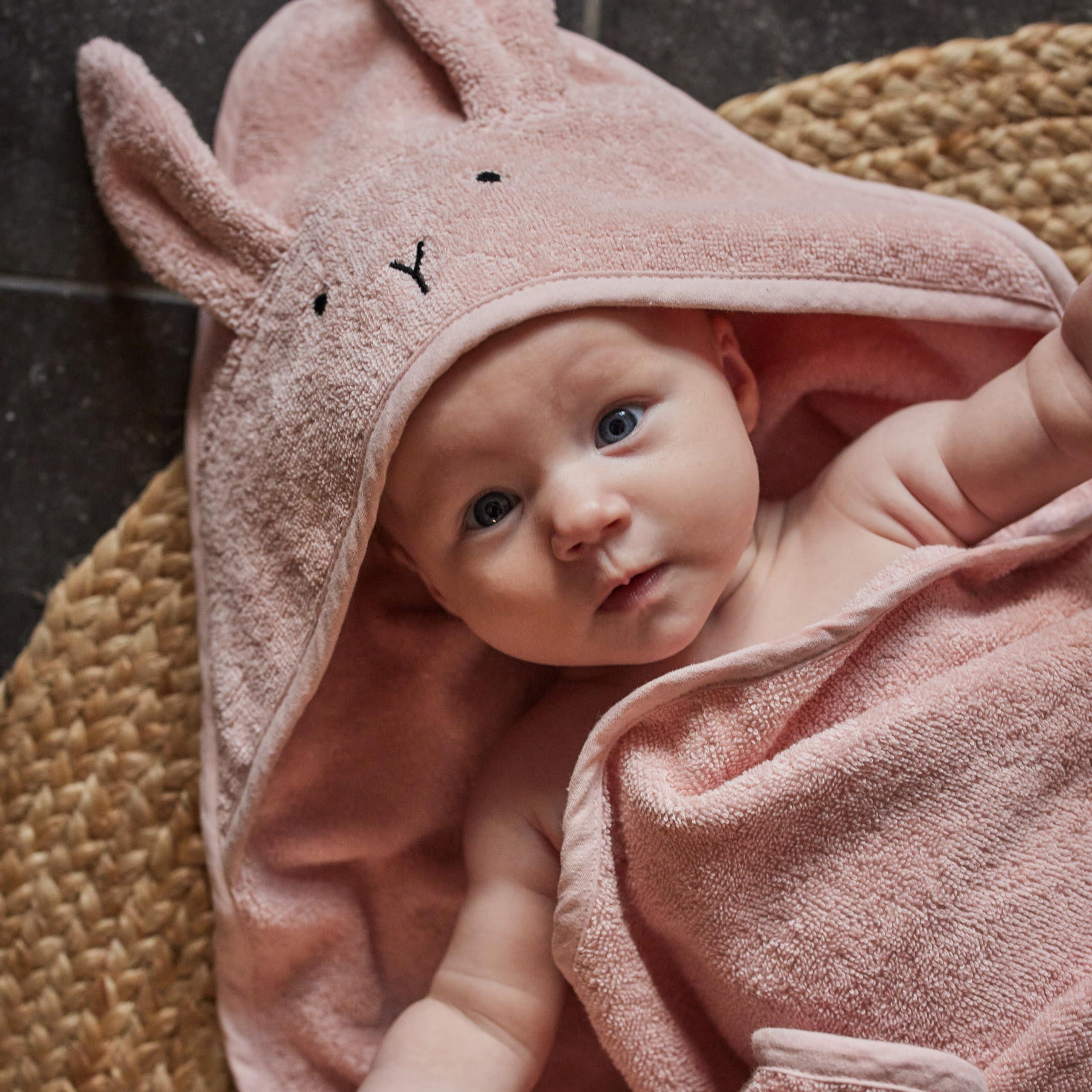 Huxie Baby Hooded Towel Organic Cotton Baby Bath Towels, 32" x 32" Super-Soft and Absorbent Baby Towels for Newborn 2-Pack (Rabbit Blush/Bear Fog)