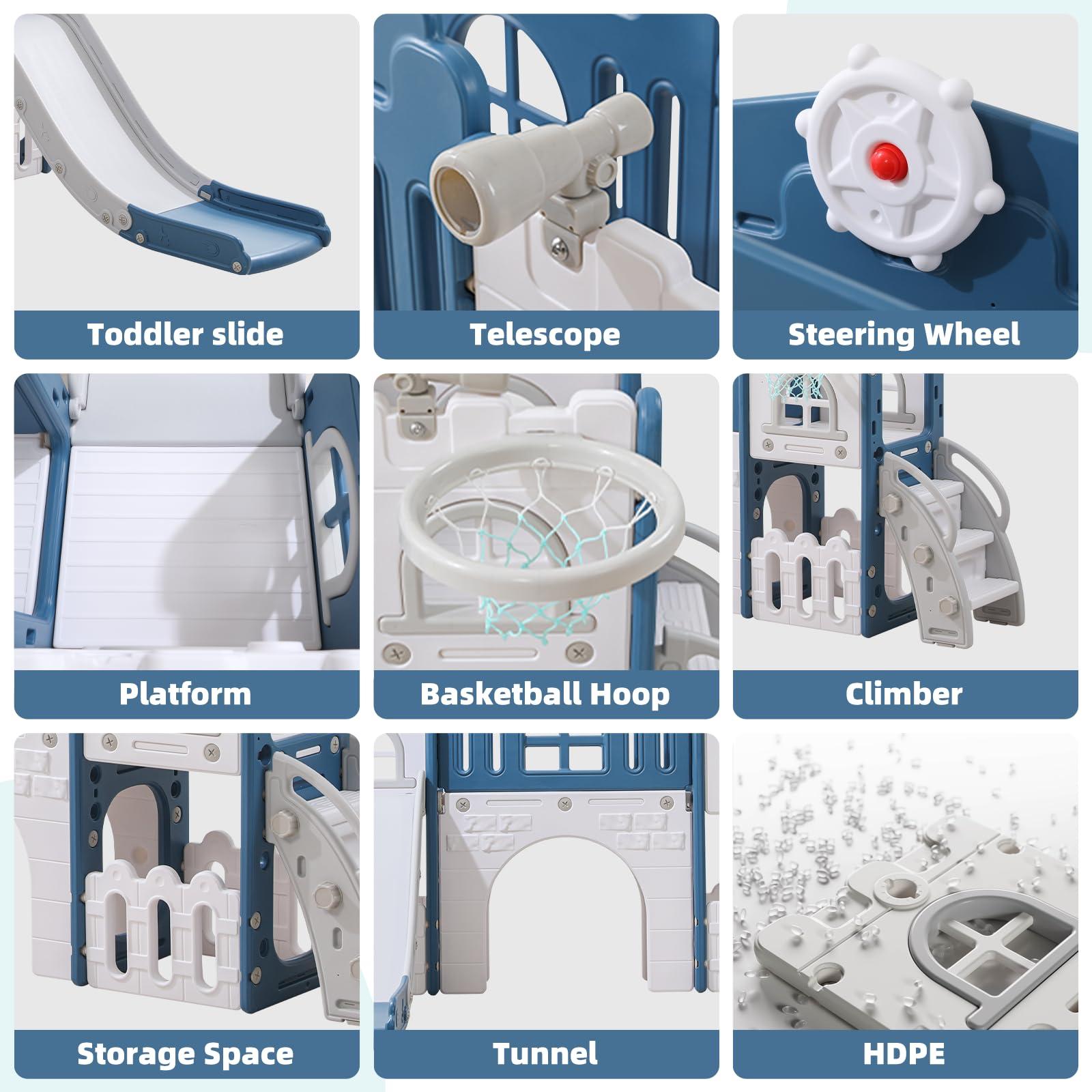 Dovsa Toddler Slides Indoor and Outdoor Playground Sets for Little Kids Age 1-3 Toddler Backyard Playset Toys Climb and Slide (Blue 8 in 1)