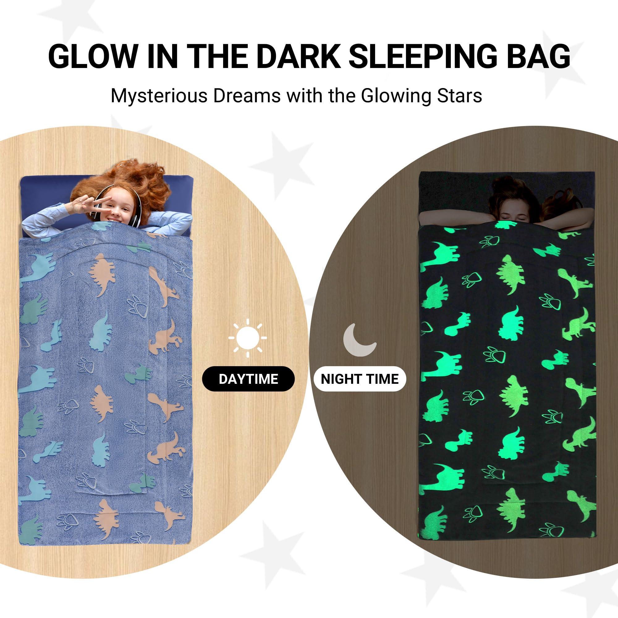 HOMBYS HOMBYS Glow in The Dark Sleeping Bags for 10~12 Years Old Kids, Soft Kids Nap Mat with Pillow and Blanket for Daycare School, Travel Sleep Bag for Childern Girls Boys Truck Travel Camping