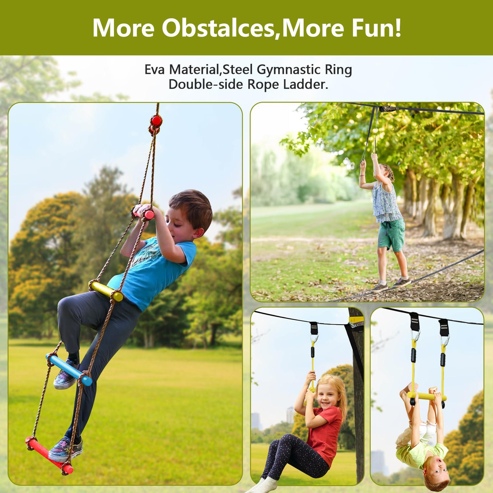 ninja line NINJA LINE 2X65FT Ninja Warrior Obstacle Course for Kids - Ninja Slackline with 14 Obstacles - Ninja Course for Kids with Swing, Ladder,Monkey Bar,Arm Trainer, Climbing Rope