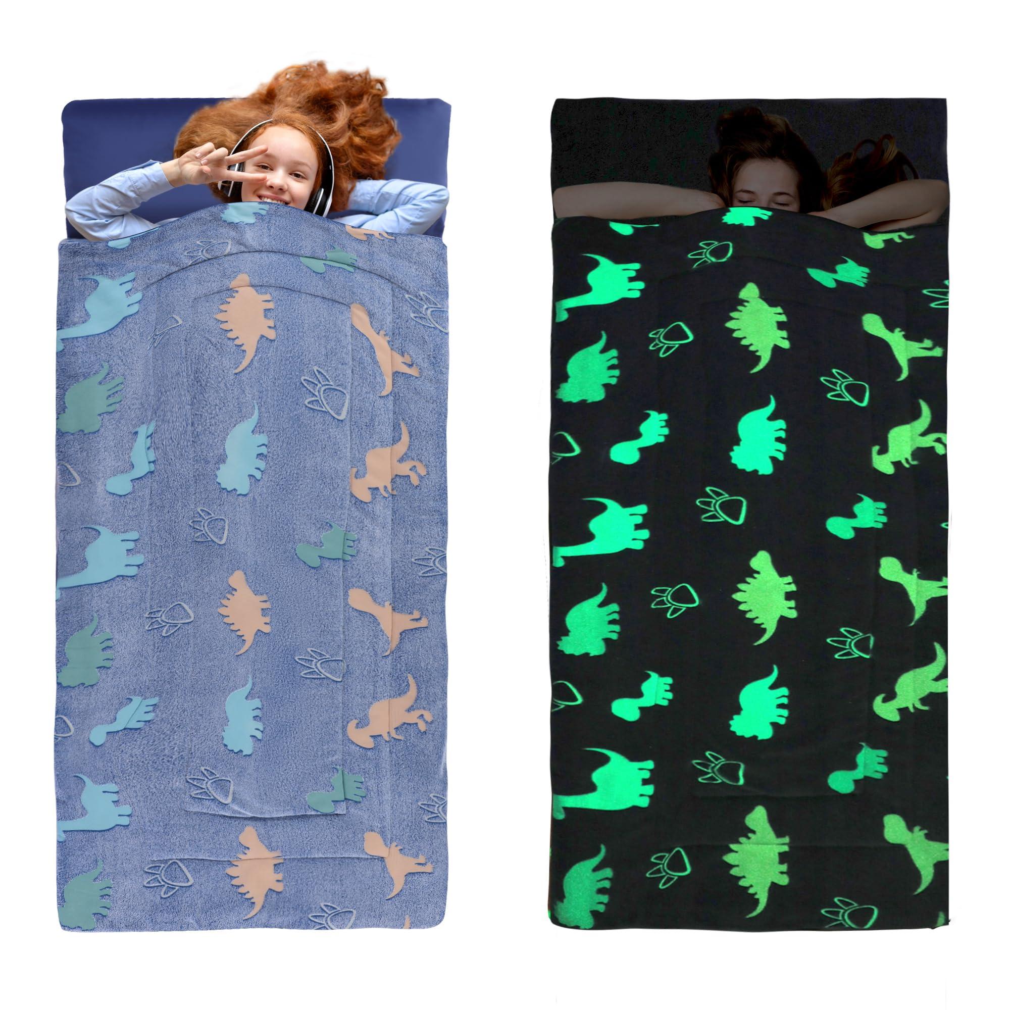 HOMBYS HOMBYS Glow in The Dark Sleeping Bags for 10~12 Years Old Kids, Soft Kids Nap Mat with Pillow and Blanket for Daycare School, Travel Sleep Bag for Childern Girls Boys Truck Travel Camping
