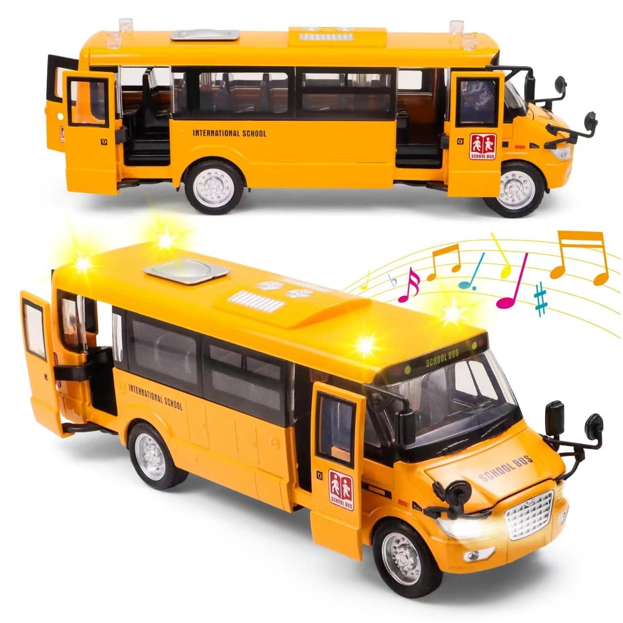Ming You Ming You School Bus Toy for Toddlers - 9\" Die-cast Pull Back Cars with Sounds Lights and Openable Doors, School Bus Toys for Kids Ages 4-8
