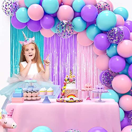 JOYYPOP Unicorn Balloon Garland Kit with Light Purple Pink and Turquoise Balloons, Tinsel Curtain for Baby Shower Birthday Party Decorations Unicorn Party