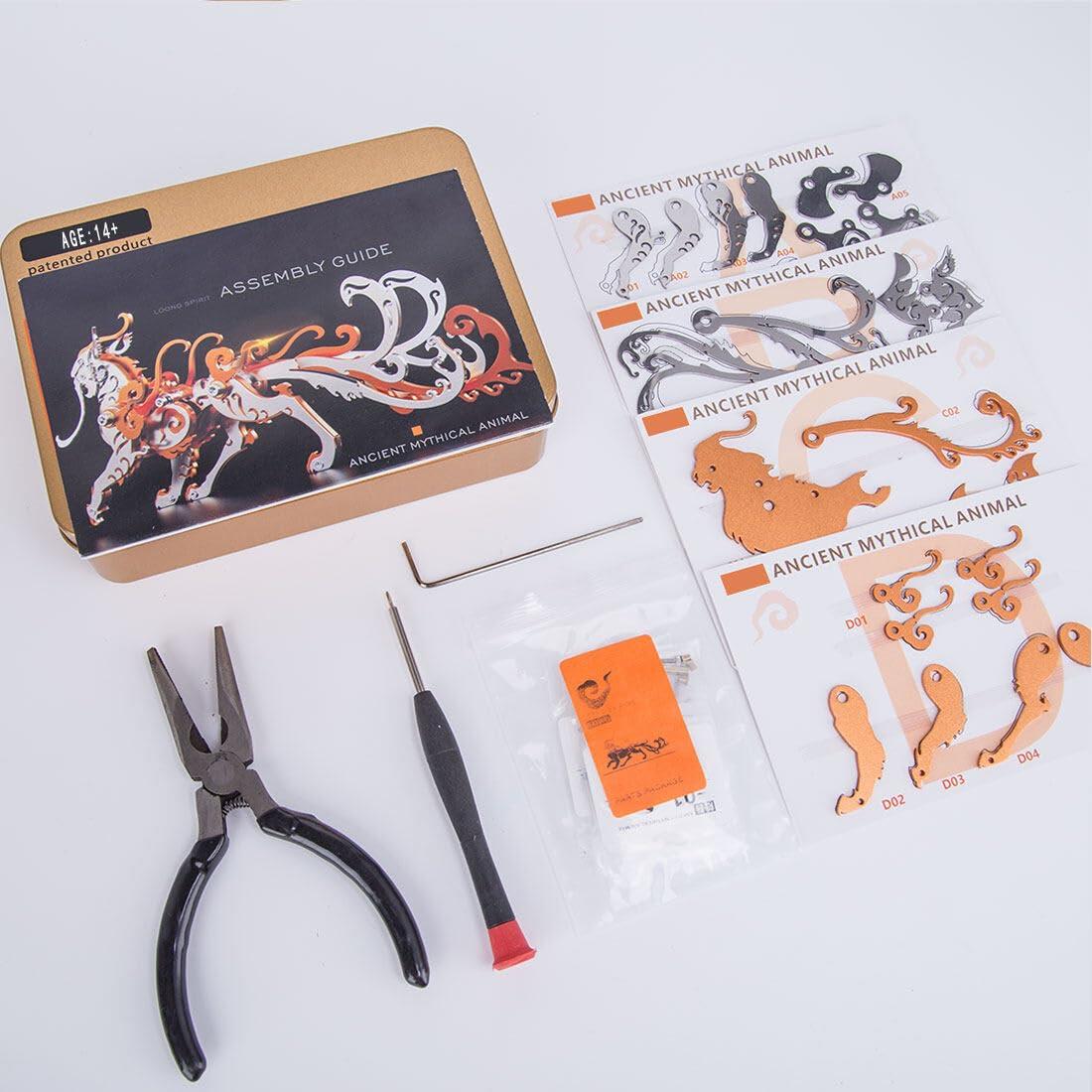 YounggDiy YounggDiy 3D Metal Puzzles for Adults, DIY Assembly 3D Mini Metal Luwu Tiger Ancient Chinese Beasts Model Set (88PCS/Orange)