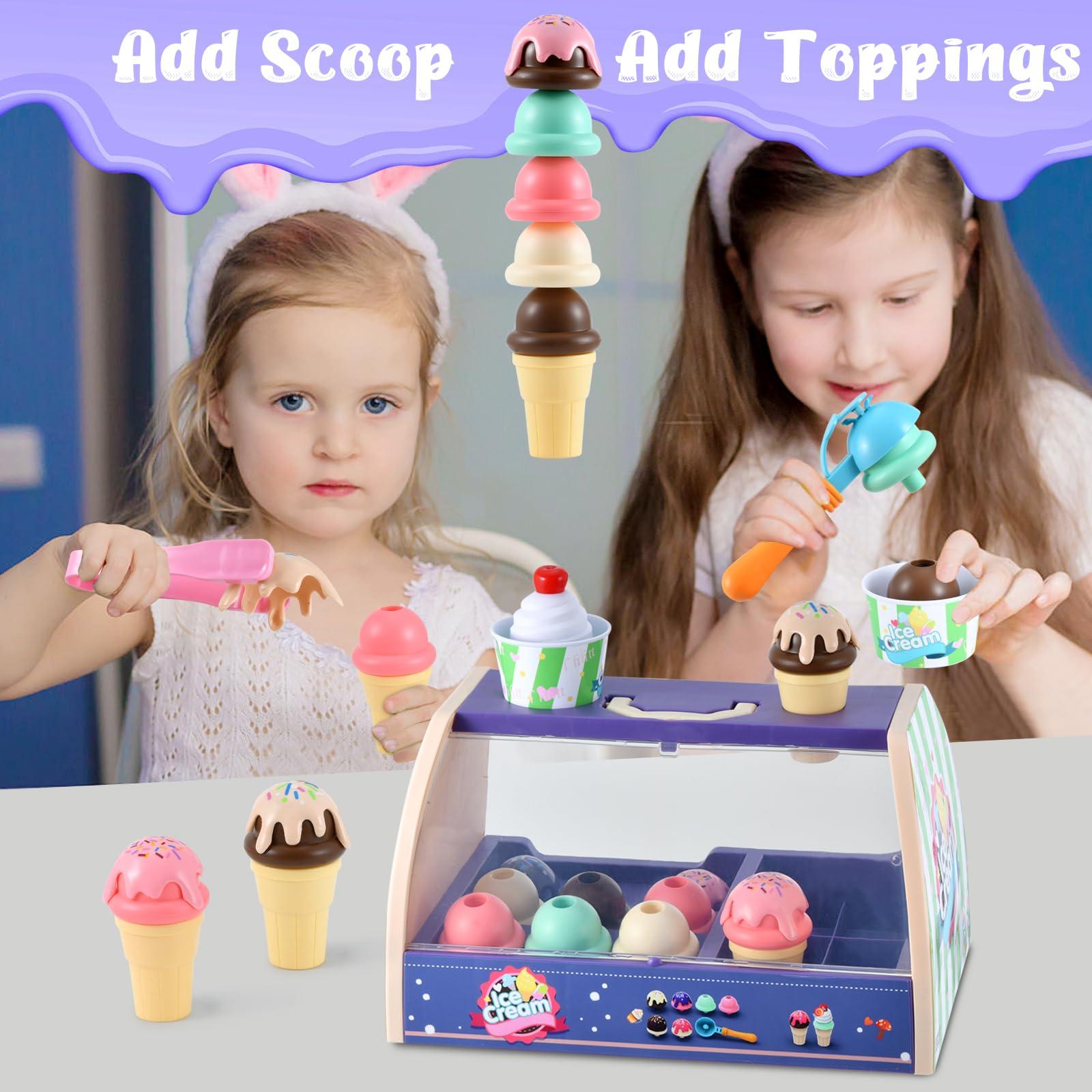 FRIEET Ice Cream Toys for Kids, Toddler Pretend Play Kitchen Food Accessories, Ice Cream Counter Playset, Pretend Food Toys for 3 4 5 6 Year Old Girls & Boys, Christmas Birthday Toys Gift for Kids