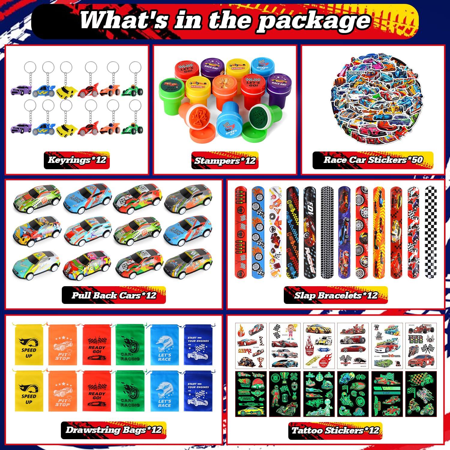 KISPATTI 122 PCS Race Car Party Favors, Racing Birthday Party Favors with Pull Back Cars Drawstring Bags Slap Bracelet Keychain Stamper Tattoo Stickers, Racecar Theme Party Supplies Goodie Bag for Boys Kids