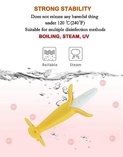 Dupad story Banana Teether, Self-Soothing Pain Relief Soft Silicone Train Teething Toy, Baby Teether for Babies,Toddlers, Infants, BPA Free, Soothes Babies Sore Gums