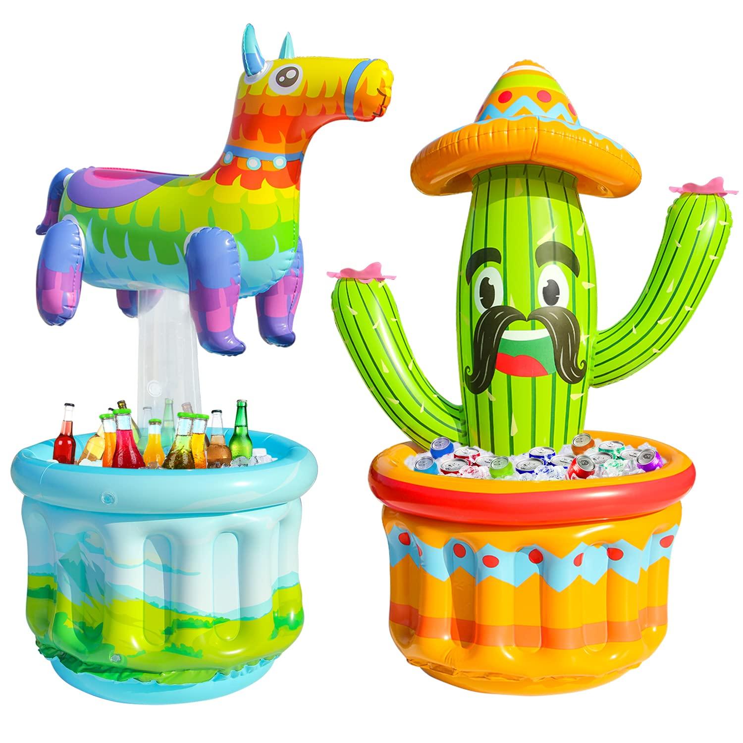 PARENTSWELL PARENTSWELL 2 Pack Inflatable Cactus Cooler, 47.5\'\' Blow Up Pool Party Drink Cooler Ice Bucket with Sombrero Hat, Mexican Fiesta Party Decorations Supplies for Cinco De Mayo Party Decor