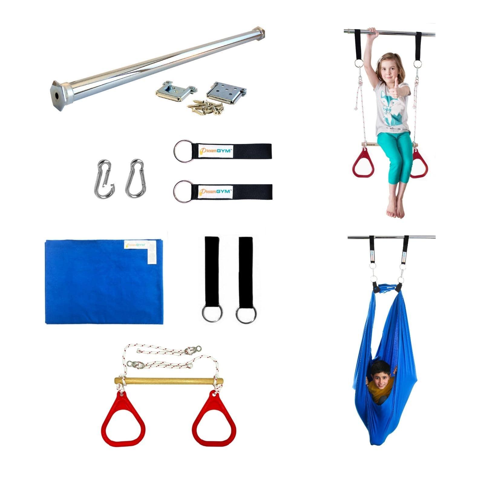 DreamGYM DreamGYM Doorway Sensory Swing Kit - Blue Compression Swing and Trapeze Bar with Red Gym Rings Combo