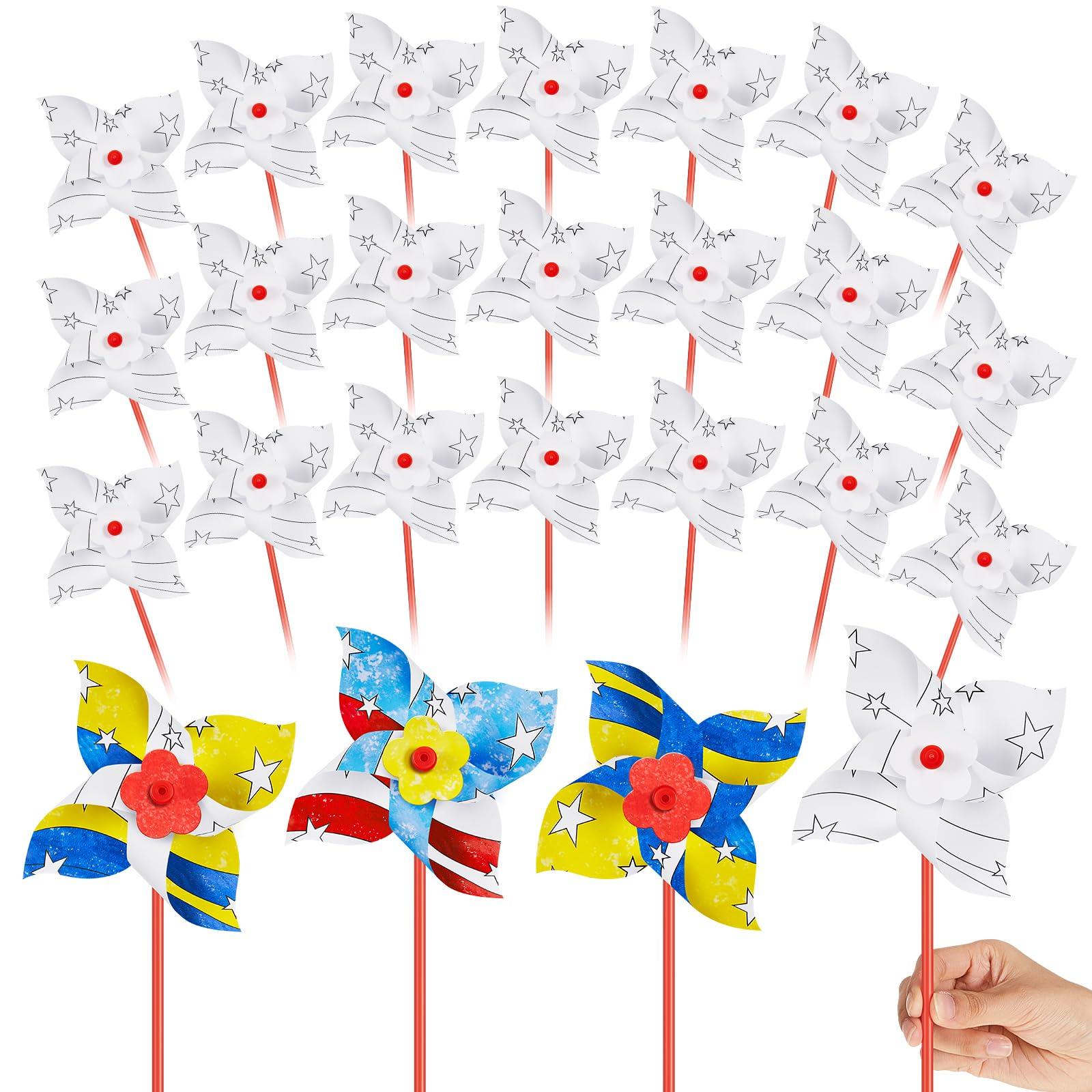 Simgoing 50 Pcs DIY Pinwheels Craft White Blank Paper Pinwheels Patriotic Craft Bulk Spring Summer Craft Kit for Kids Fun Carnival Arts and Craft Activity Daycare Project Party Favor