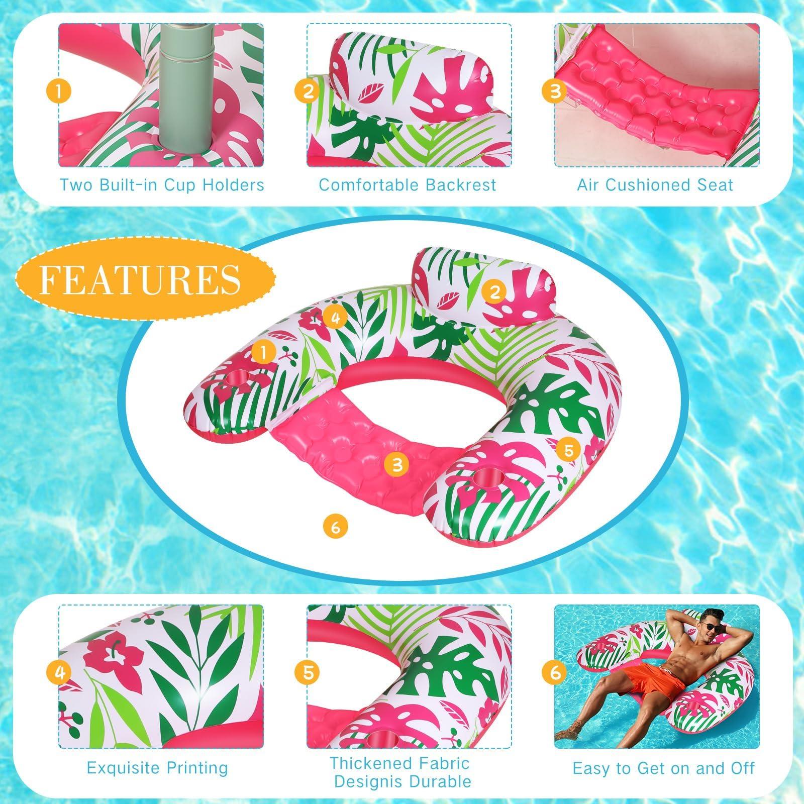 VercanMonth VercanMonth 2 Pack Inflatable Pool Float Chair Adult, Pool Chairs with Cup Holders Backrest, Portable Lounge Floaties for Swimming Pool Summer Toy Floaties Beach Party Floaty for Adult (Classic Style)