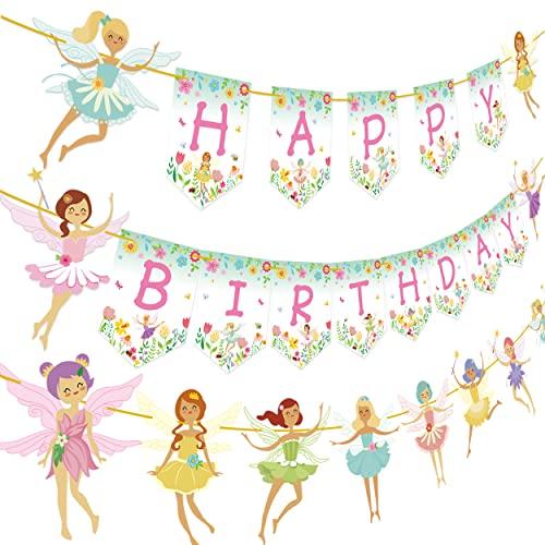iPartyFun Fairy Birthday Party Decoration Flower Fairies Girls Birthday Banner Fairy Hanging Decoration Colorful Happy Birthday banner Fairy Party Favors Fairy Garden Decoration for Fairy Theme Birthday Party