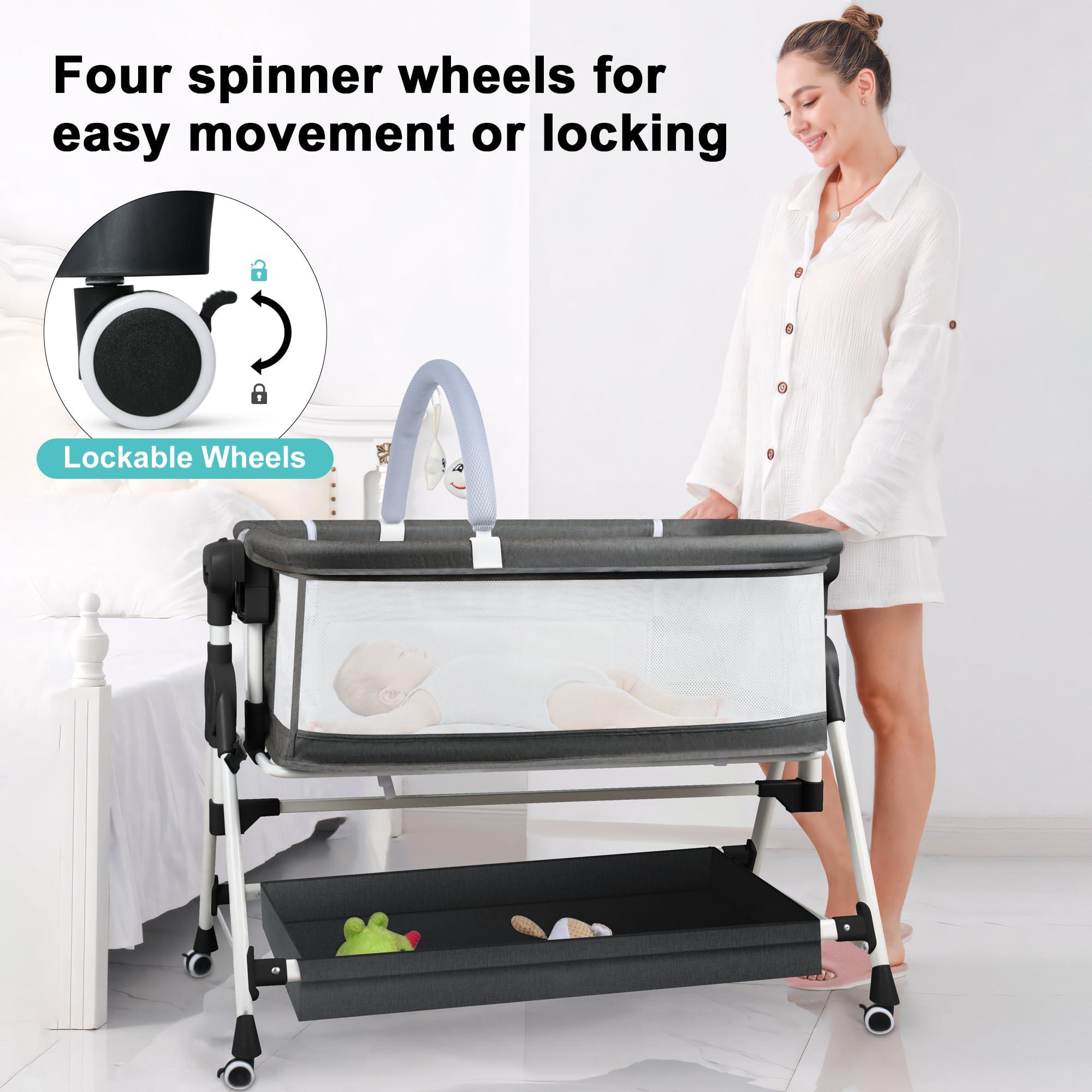 VOOI VOOI Baby Bassinet Bedside Sleeper, 3 in 1 Rocking Bassinet for Baby, Bassinet Bedside Sleeper with Wheels, Adjustable Height, Storage Basket, Mattress & Canopy, Bed Side Bassinet for Newborn