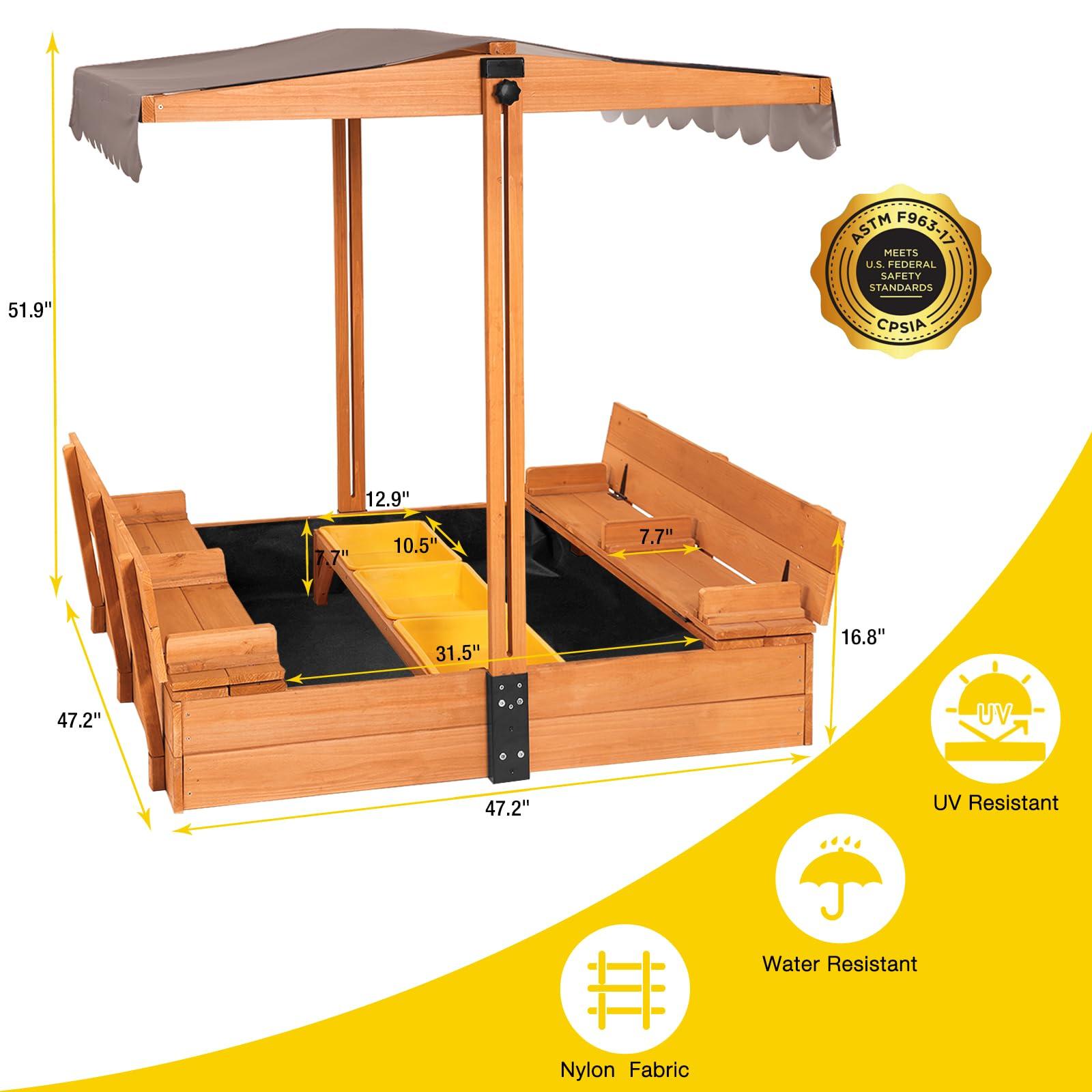 Aivituvin Wooden Sandbox with Cover | Large Sandpit for Kids Outdoor with Adjustable Canopy Backyard Play | w/Movable Toy Bins