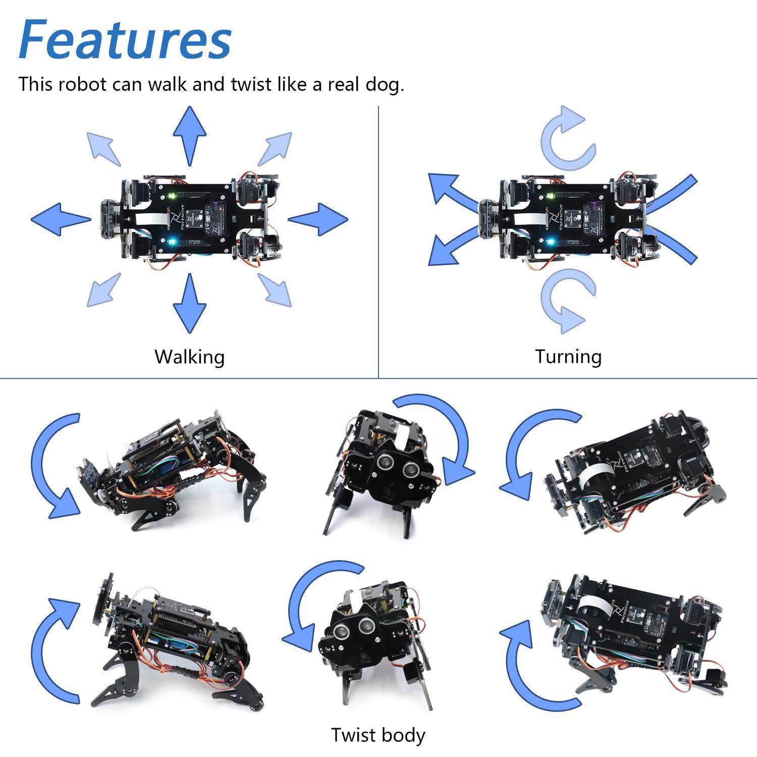FREENOVE FREENOVE Robot Dog Kit for ESP32-WROVER CAM (Included), Dual-core 32-bit 240 MHz Microcontroller, Walking, Camera, Touch Sensor, Ultrasonic Ranging, Buzzer, RGB LED, Servo, App