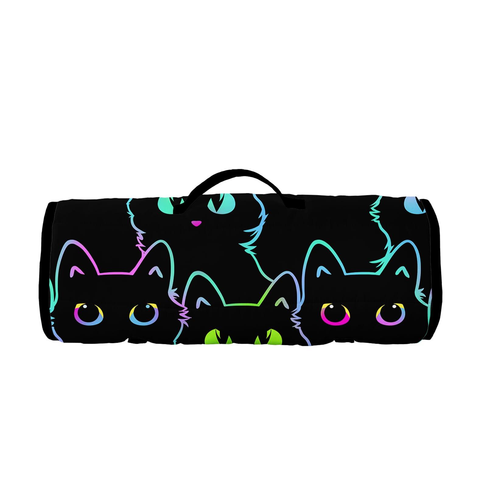 Axolotl Axolotl Neon Cat Nap Mat with Removable Pillow and Lightweight Quilt Cover,Colorful Silhouette Cat Sleeping Mat for Travel,Roll Up Sleeping Bag,Soft Slumber Bag for Boys Girls,Black 60\" L*21\" W