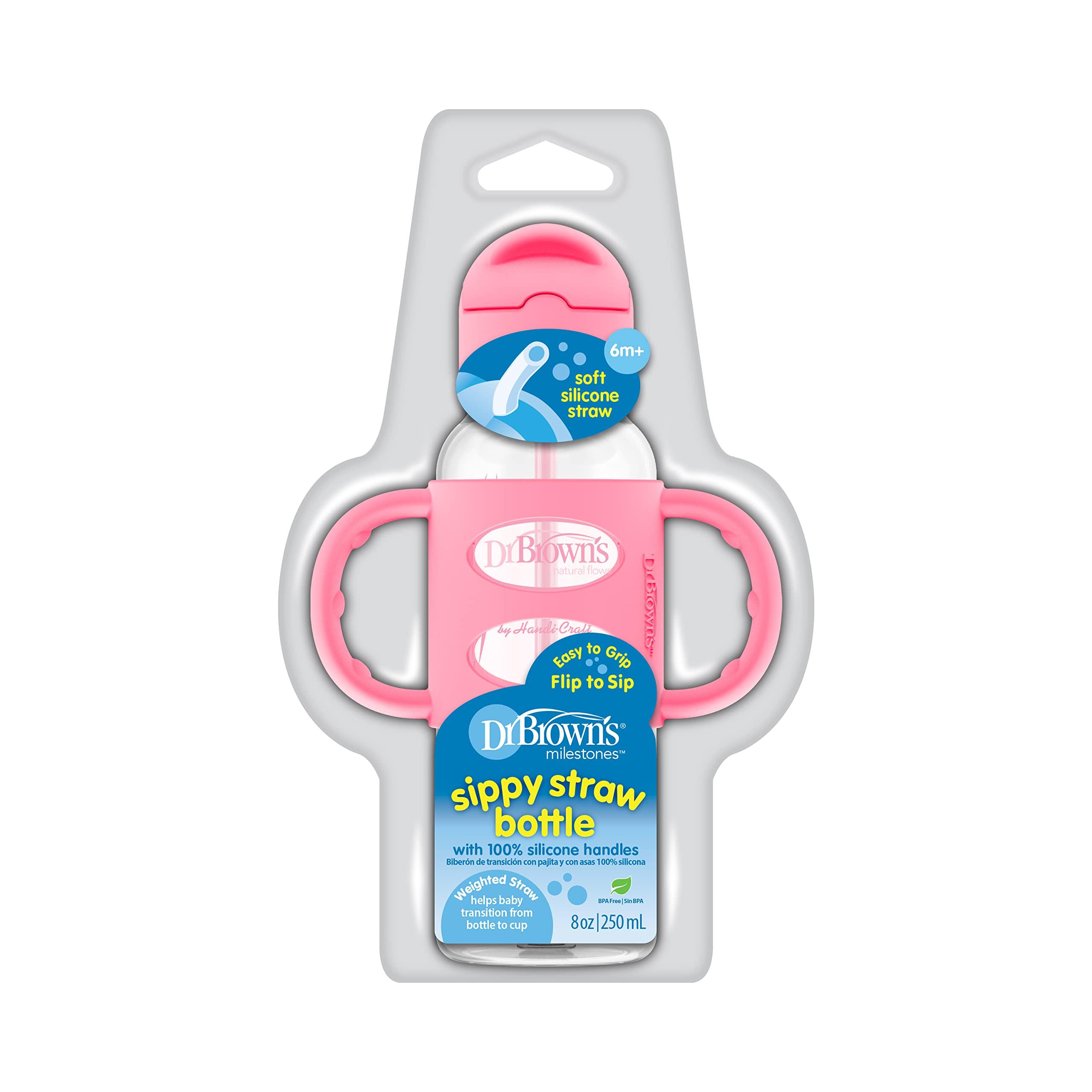 Dr. Brown\'s Dr. Brown's Milestones Insulated Sippy Cup with Straw and Handles, Pink, 10oz, 2 Pack, 12m+ & Milestones Narrow Sippy Straw Bottle with 100% Silicone Handles, 8oz/250mL, Pink, 1 Pack, 6m+