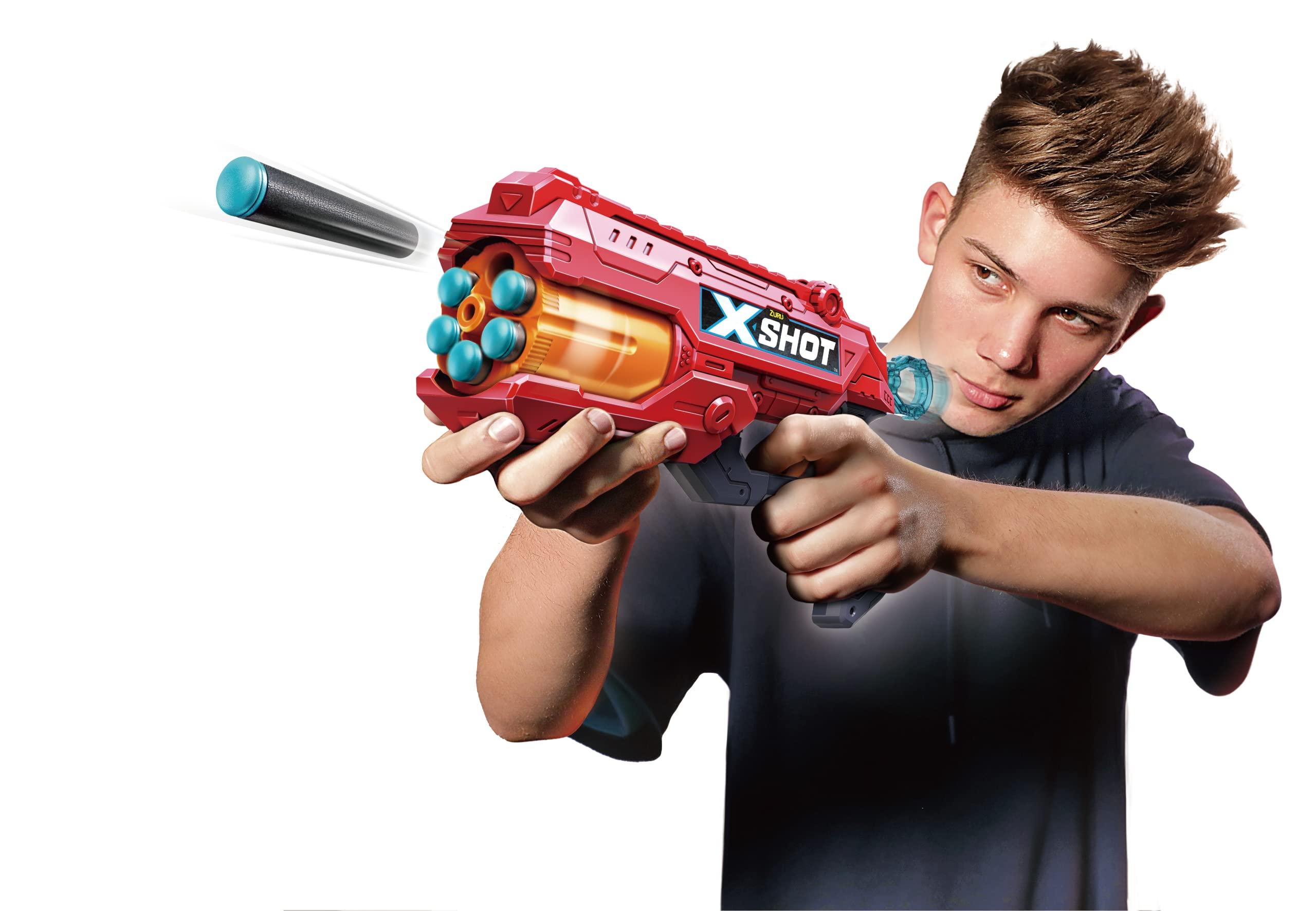 XShot Excel 2 Reflex 6 + 2 Kickback (4 Pack + 48 Darts + 3 Shooting Targets) by ZURU, X-Shot Red Foam Dart Blaster, Toy Blaster, Rotating Barrels, Toys for Kids, Teens, Adults (Red)
