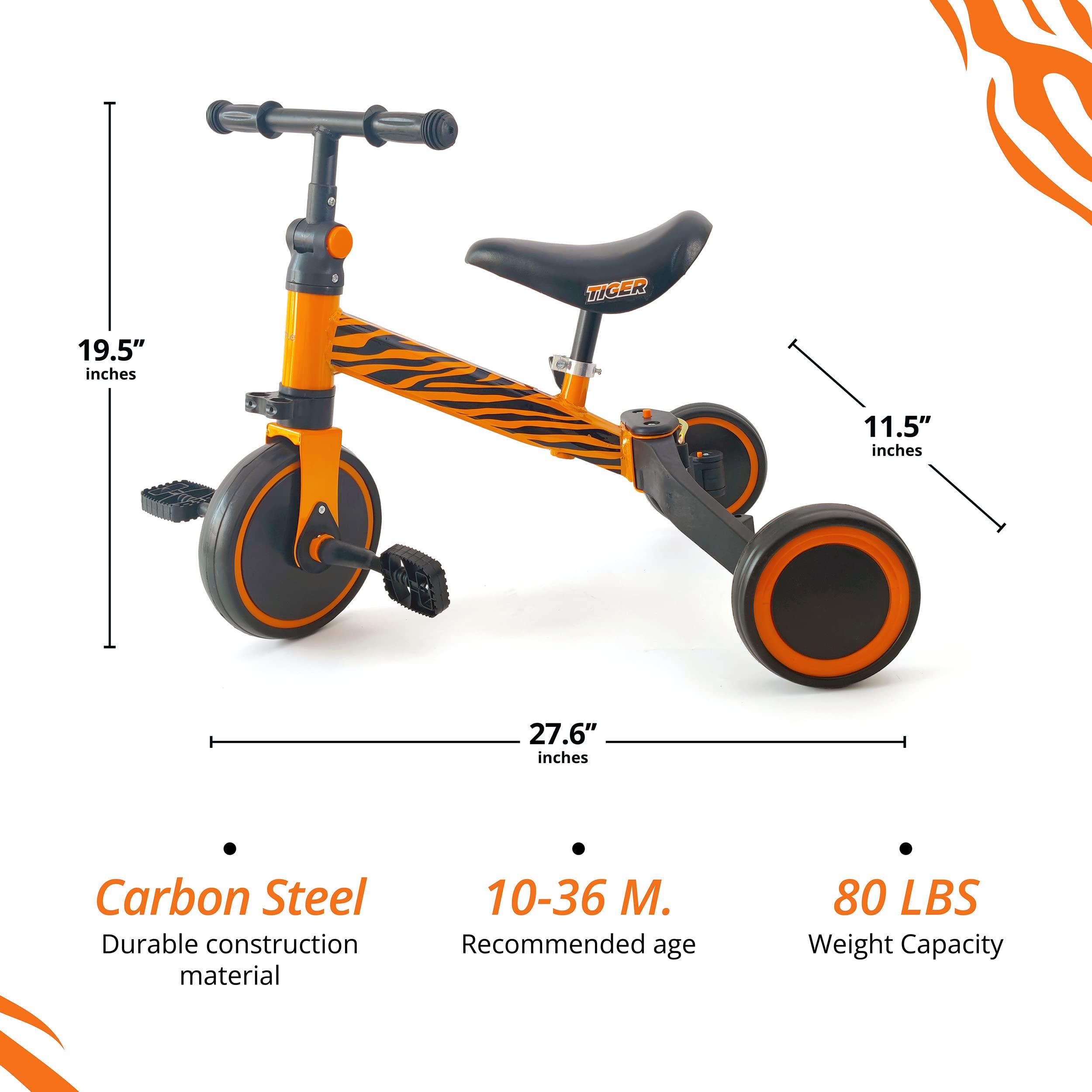 Hurtle 3 in 1 Kids Tricycles - Balance Training Bike Convertible Toddler Walker Riding Toys for 10 Month to 3 Year Old Boys Girls w/Removable Pedals, Carbon Steel Frame, Adjustable Seat Height (Tiger)