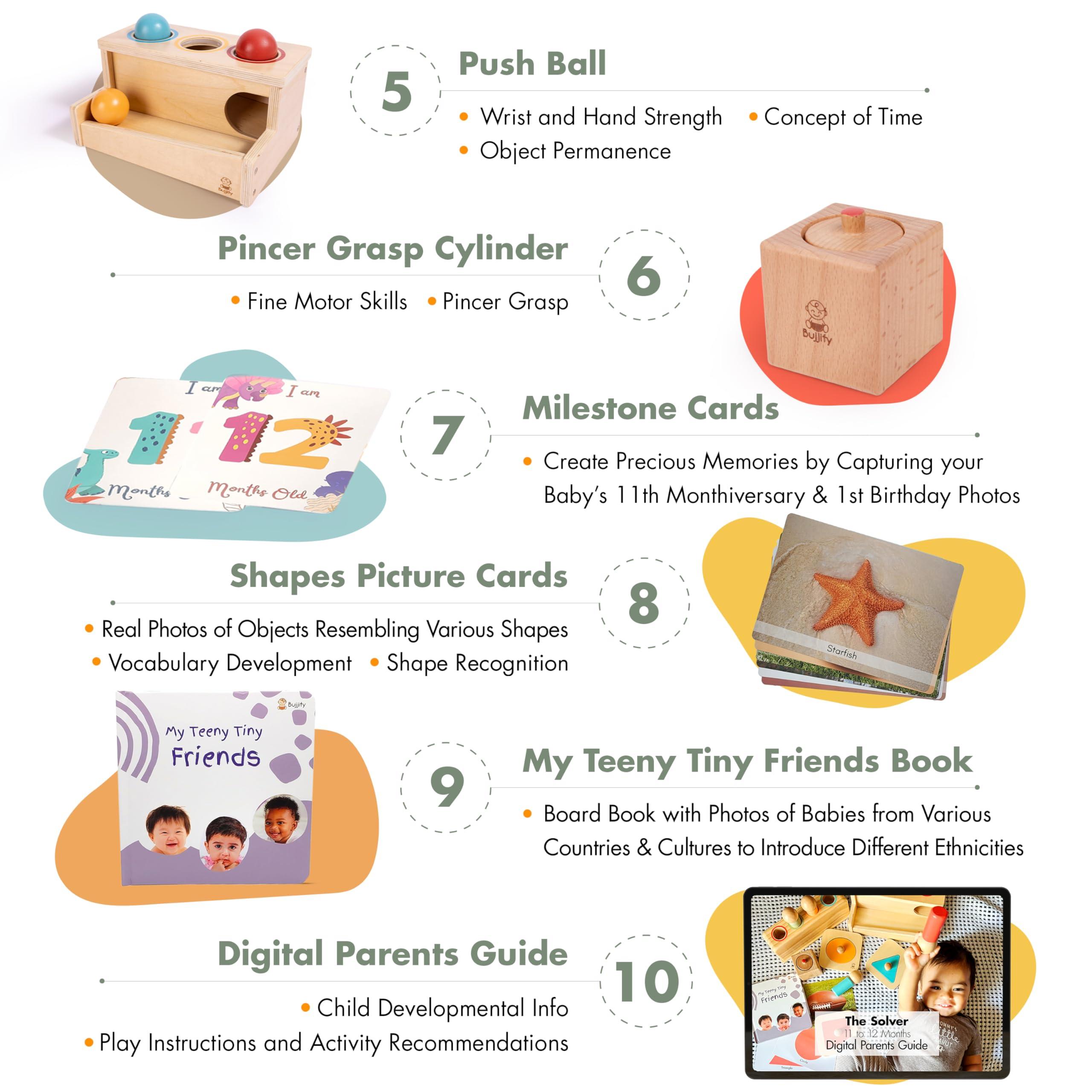 Bujjify Bujjify Montessori Toy Set 11-12 Months Baby Toys- 1 Year Birthday Gift, Push Ball, Shape Puzzle, Popup Toy, Pincer Grasp, Diversity Board Book, Picture Cards, Brain Development Toddler Toy