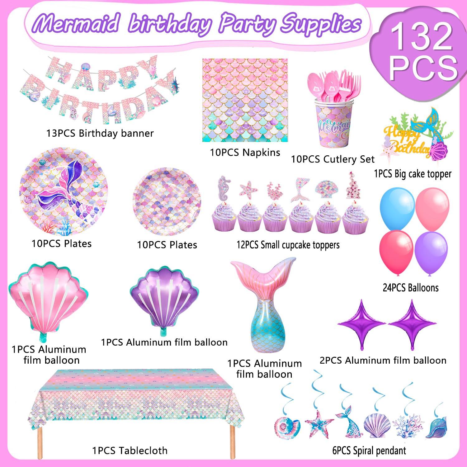 Fruitful Jewelry Mermaid Party Supplies,132 Pcs Mermaid Birthday Party Decorations Kit Mermaid Birthday Plates Cups Napkins Tablecloth Mermaid Banner Balloons Hanging Swirl etc Mermaid Birthday Decorations
